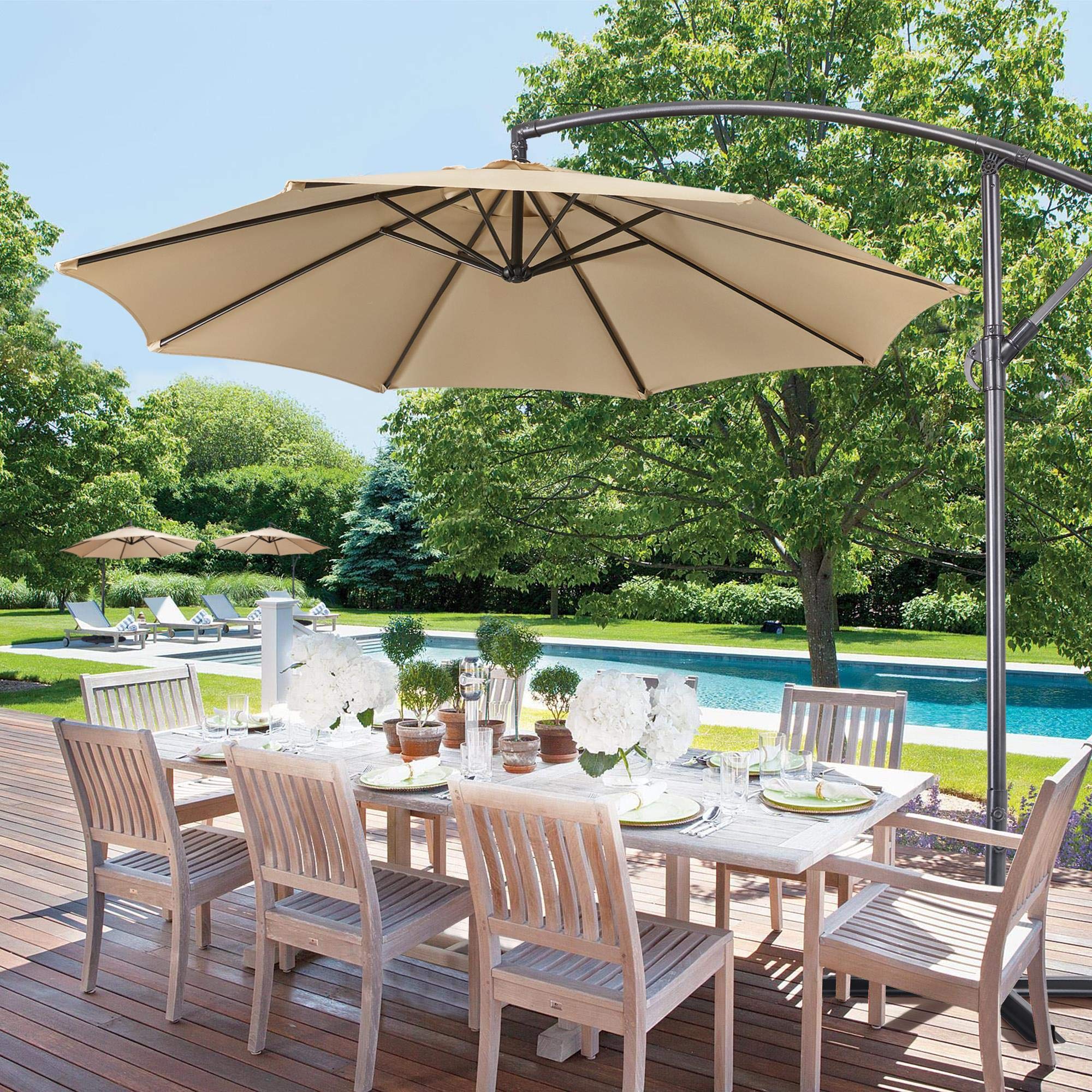 Topeakmart 10FT Outdoor Offset Patio Umbrella Table Hanging Umbrella Canopy Yard Cantilever Umbrella 8 Ribs with Hand-crank Lift & Easy-tilt System,Tan