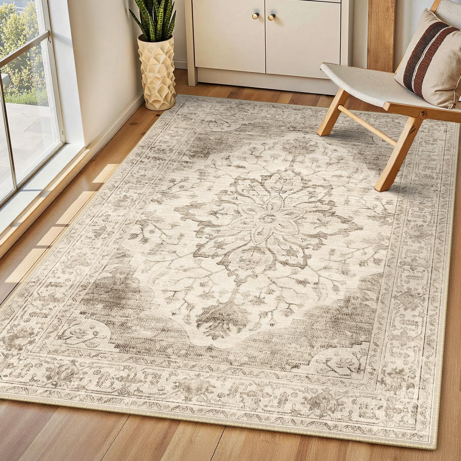 INOVADAY Machine Washable Rugs 90x150 cm Vintage Area Rug Low Pile Anti-Slip Carpet with Print Pattern for Living Room Bedroom Home Office Indoor Lightbeige โ image 1