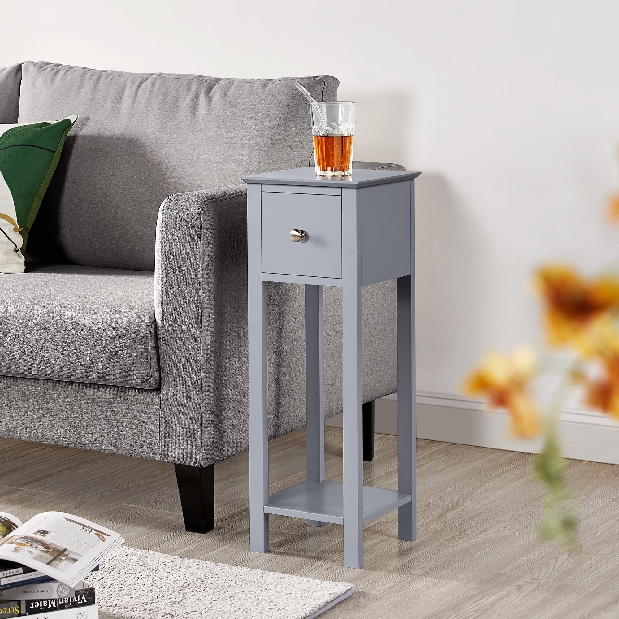 Yaheetech Grey Slim Bedside Table Set of 2 Nightstand with Drawer Tall