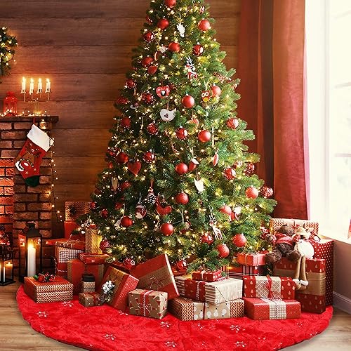 Miniatura 6 de Falda de árbol de Navidad, falda de árbol rojo grande de 36 pulgadas con alta gama, falda de árbol de piel sintética suave para decoraciones de