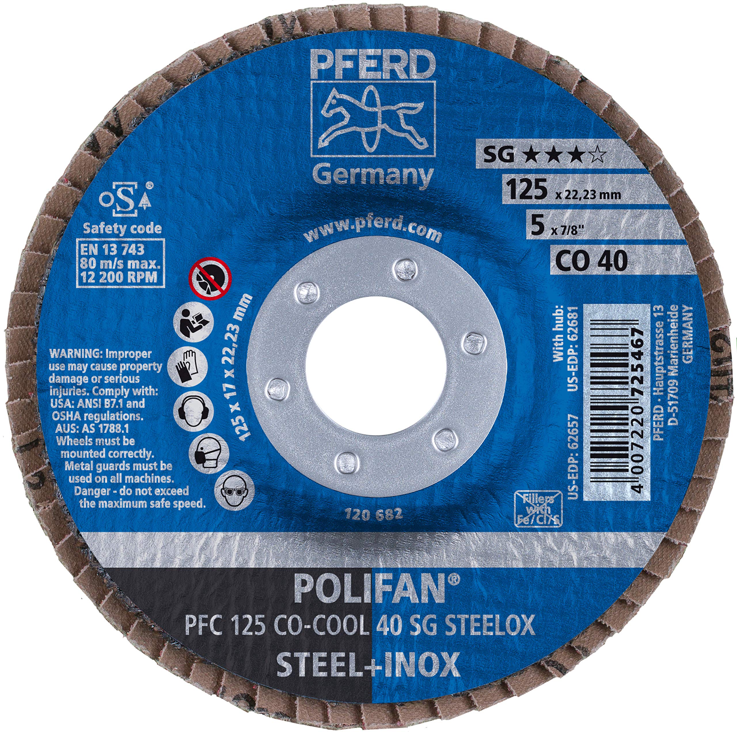 PFERD Polifan SG CO-Cool Flap Disc, 5" Diameter, 60 Grit, Type 29 Angle, Aluminum Oxide (Pack Of 1)