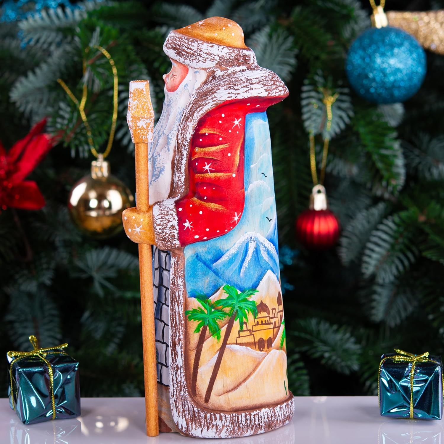 Wooden Hand-Carved Santa Claus Figurine 8"- Hand-Painted Holy Family Nativity Scene, Classic Christmas Fireplace Mantel Decor