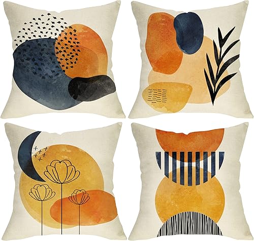 Juego de 4 fundas de almohada decorativas de arte moderno abstracto bohemio de 18 x 18 pulgadas, decoración minimalista geométrica bohemia con sol y