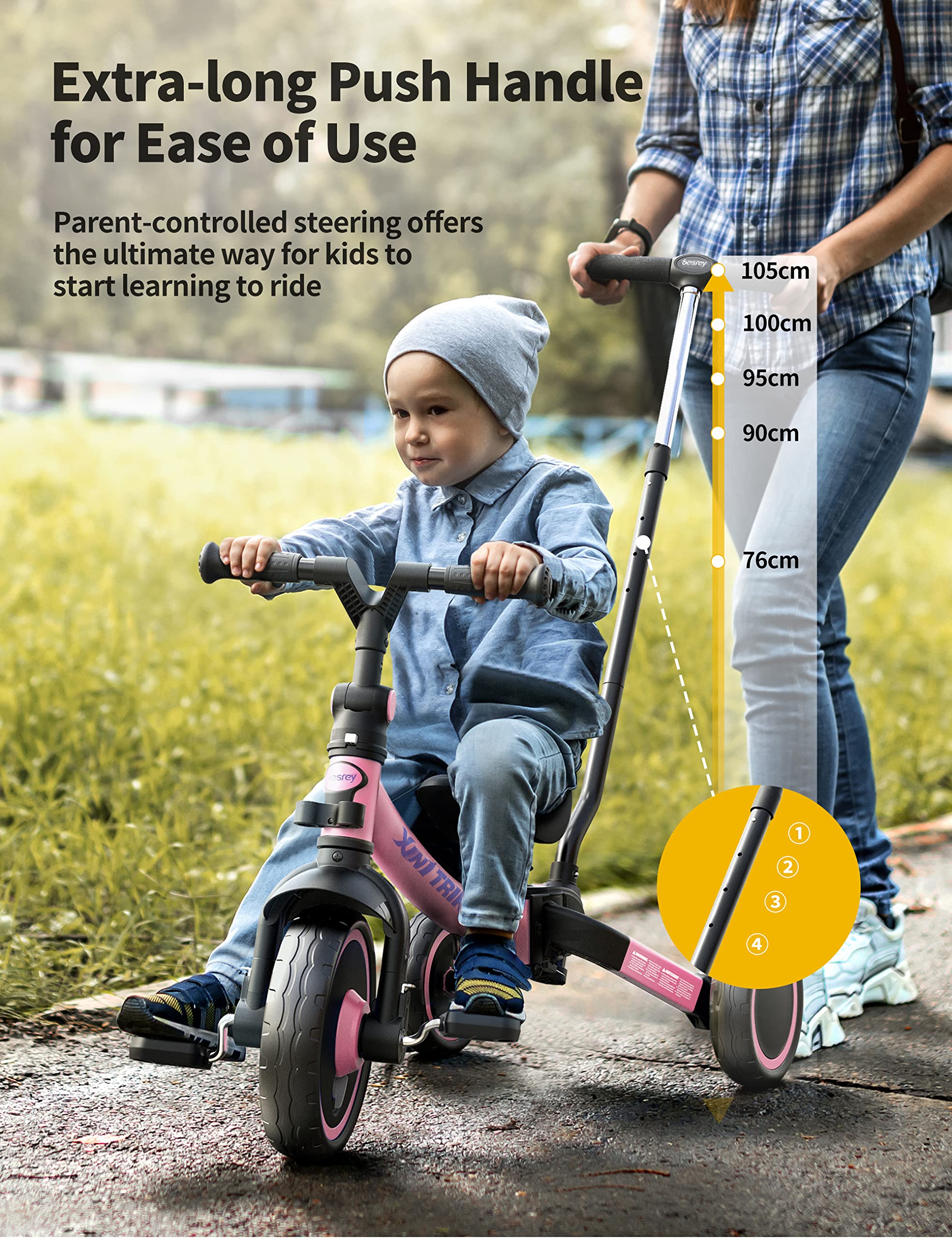 besrey 7-in-1 Toddler Bike Balance Bike Toddler Tricycles with 5-Height Parent Steering Push Handle for 1-8 Years Old Girl and Boys, Foldable Kids Push Trike