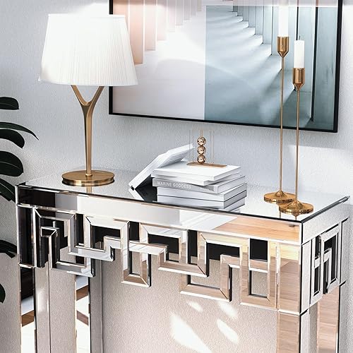 Miniatura 4 de blingworld Mesa consola plateada con acabado de espejo, moderna mesa de entrada de cristal, diseño geométrico, 32 pulgadas de ancho, mesa de consola
