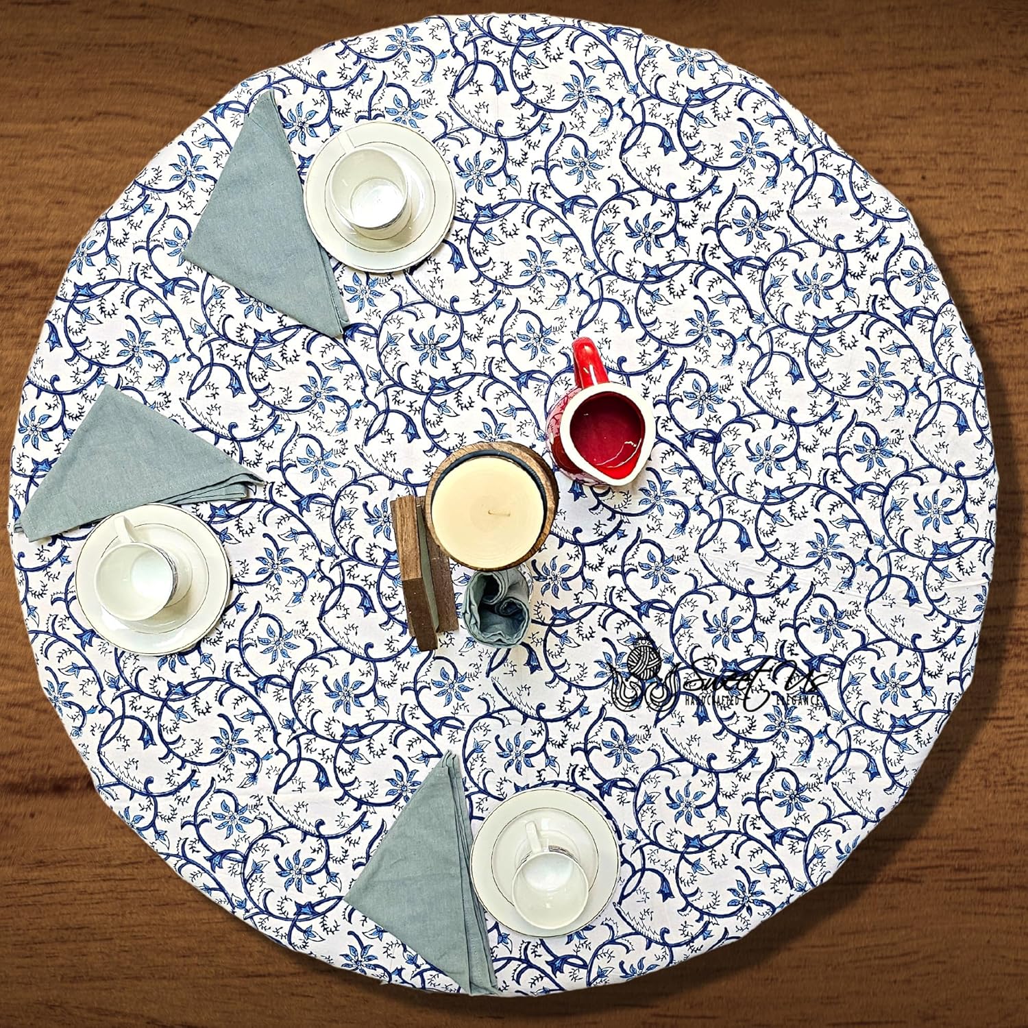 Sweet Us Stella Floral Cotton Block Print Tablecloth and One Gray Napkin, Floral Kitchen Dining Table Cloth, Table Cover for Indoor and Outdoors, Blue Opal, 72-in Round