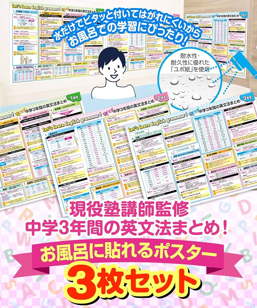 Amazon.co.jp: 中学3年間の英文法まとめ お風呂ポスター 3枚