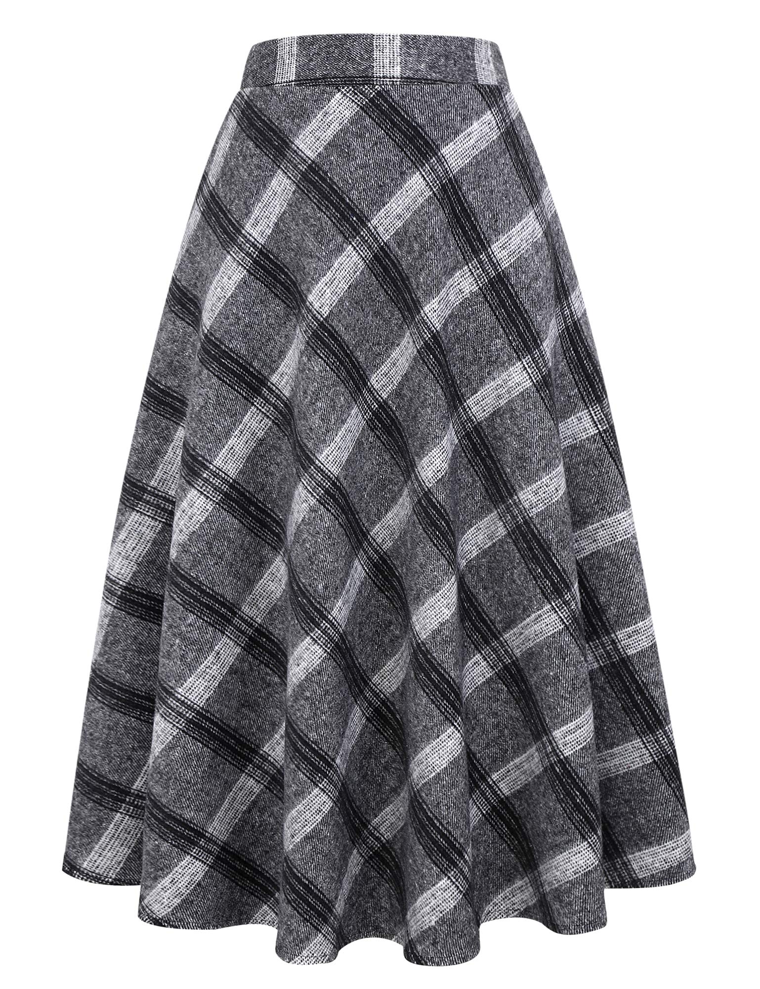 Long Plaid Wool Skirt for Womens Winter Fall Warm High Elastic Waist A line Flared Pleated Wool Tartan Skirts, Grey, M