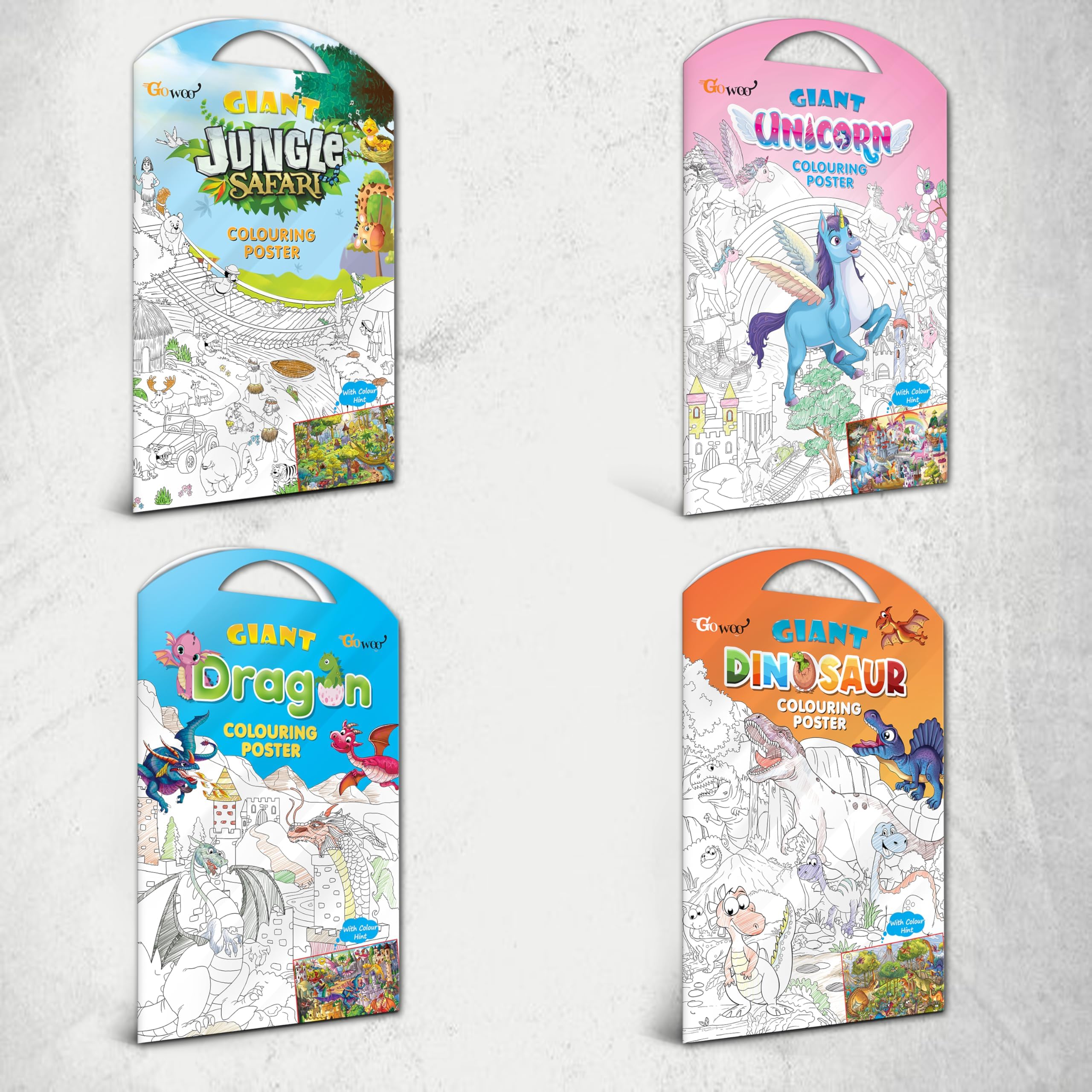 GIANT UNICORN COLOURING POSTER, GIANT JUNGLE SAFARI COLOURING POSTER, GIANT DINOSAUR COLOURING POSTER and GIANT DRAGON COLOURING POSTER | Combo of 4 Colouring posters | "Mythical and Prehistoric Adventures Coloring Series"