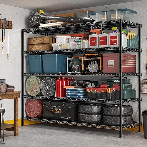 Miniatura 6 de REIBII Estantería de garaje de 85.7 pulgadas de alto, estantes de almacenamiento de 2998 libras con ruedas y pies, estantes de garaje de 5 niveles,
