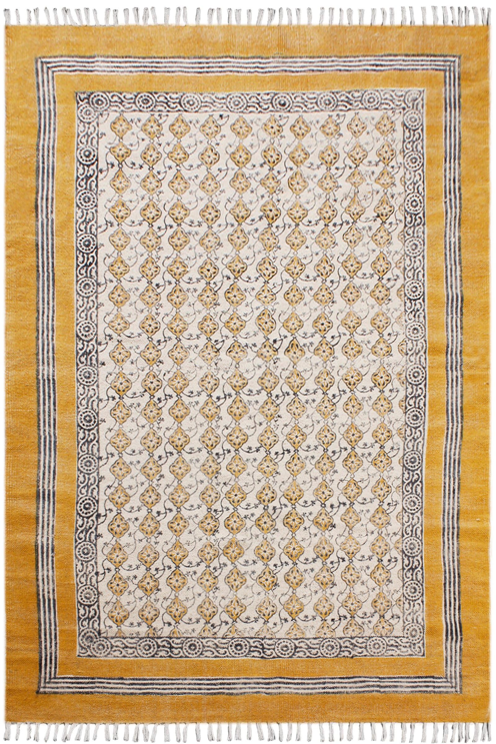 Outdoor Rug 5x7 Washable Kilim Rug Thick 0.19" Floral Design Musterd Yellow Hand Block Printed Cotton Handmade Boho Floor Carpet Flatweave Indoor