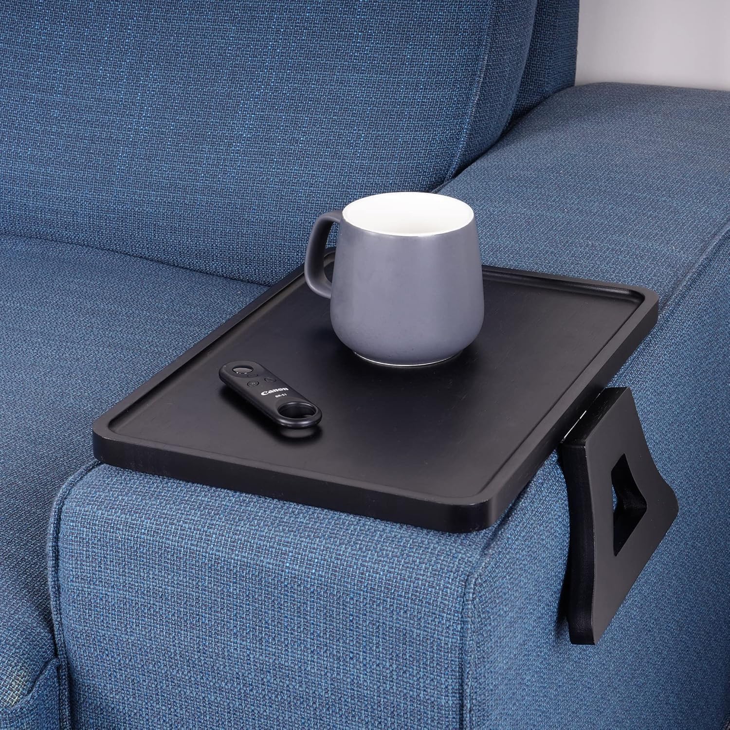 Couch Arm Tray, Sofa Armrest Table Portable Clip-On Folding Tray, Small Space Friendly Sofa Side Table for Eating, Drinking, Working, Remote Storage, Black