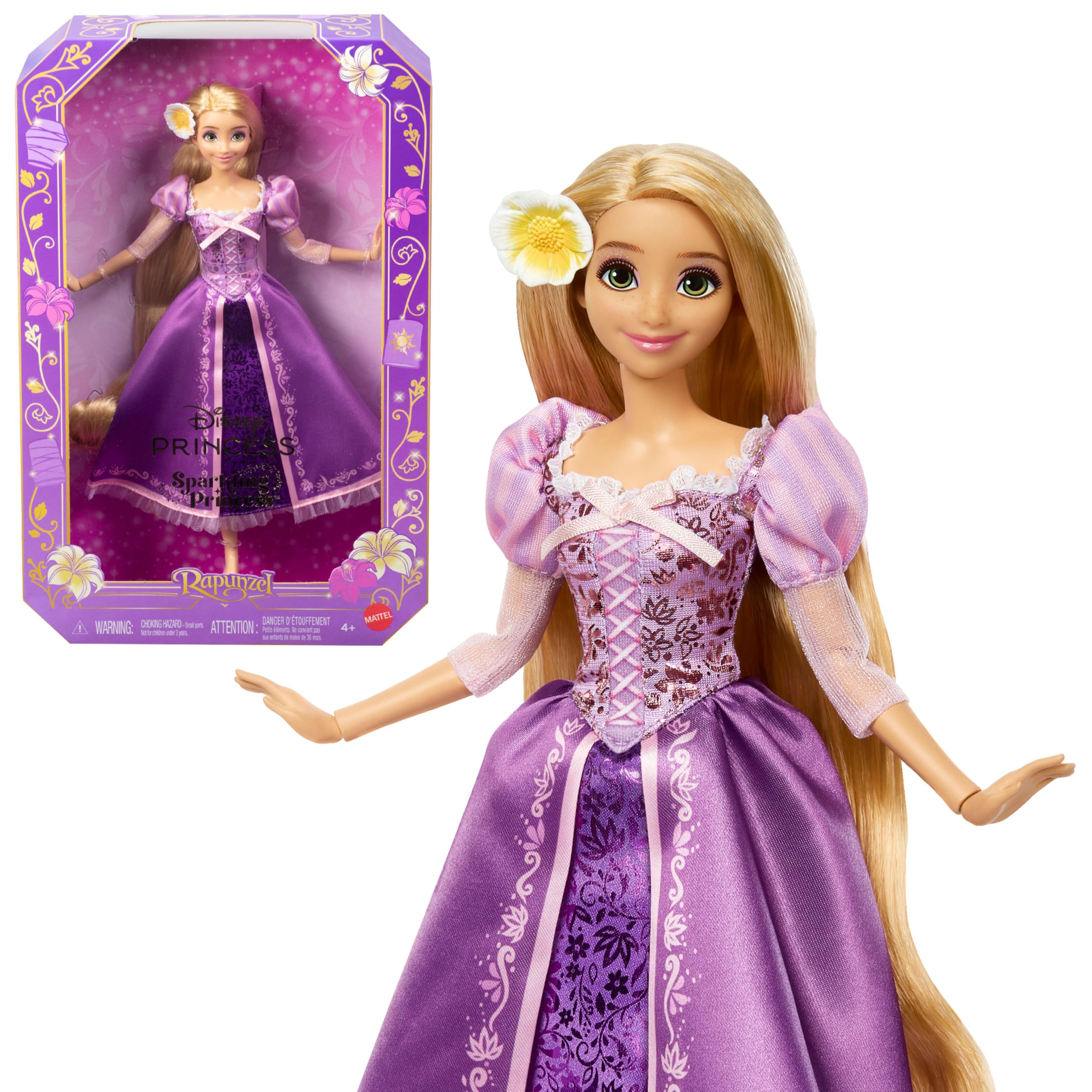 Mattel Disney Princess Rapunzel Sparkling Princess Fashion Doll with Long Hair, Removable Dress & Flower Hair Accessory, Inspired by Tangled Movie
