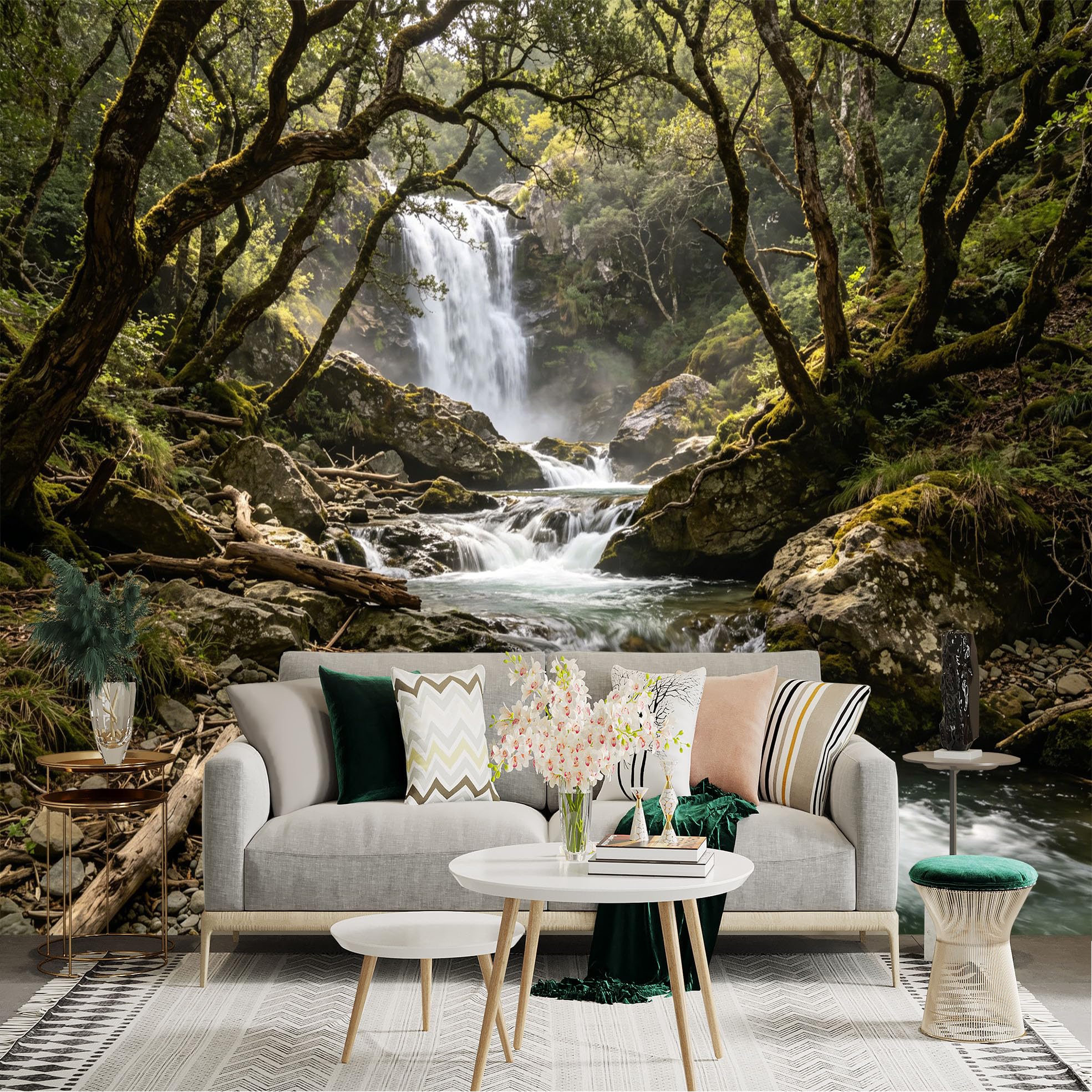 Lnzczhyre Dbh260521595 Custom Size Wall Sticker Mural， Magnificent Forest Waterfall， Flowing Stream， Misty Mountain Creek， Natural Landscape Scenery， For Wall Decoration， Peelandstick Wall Decals.