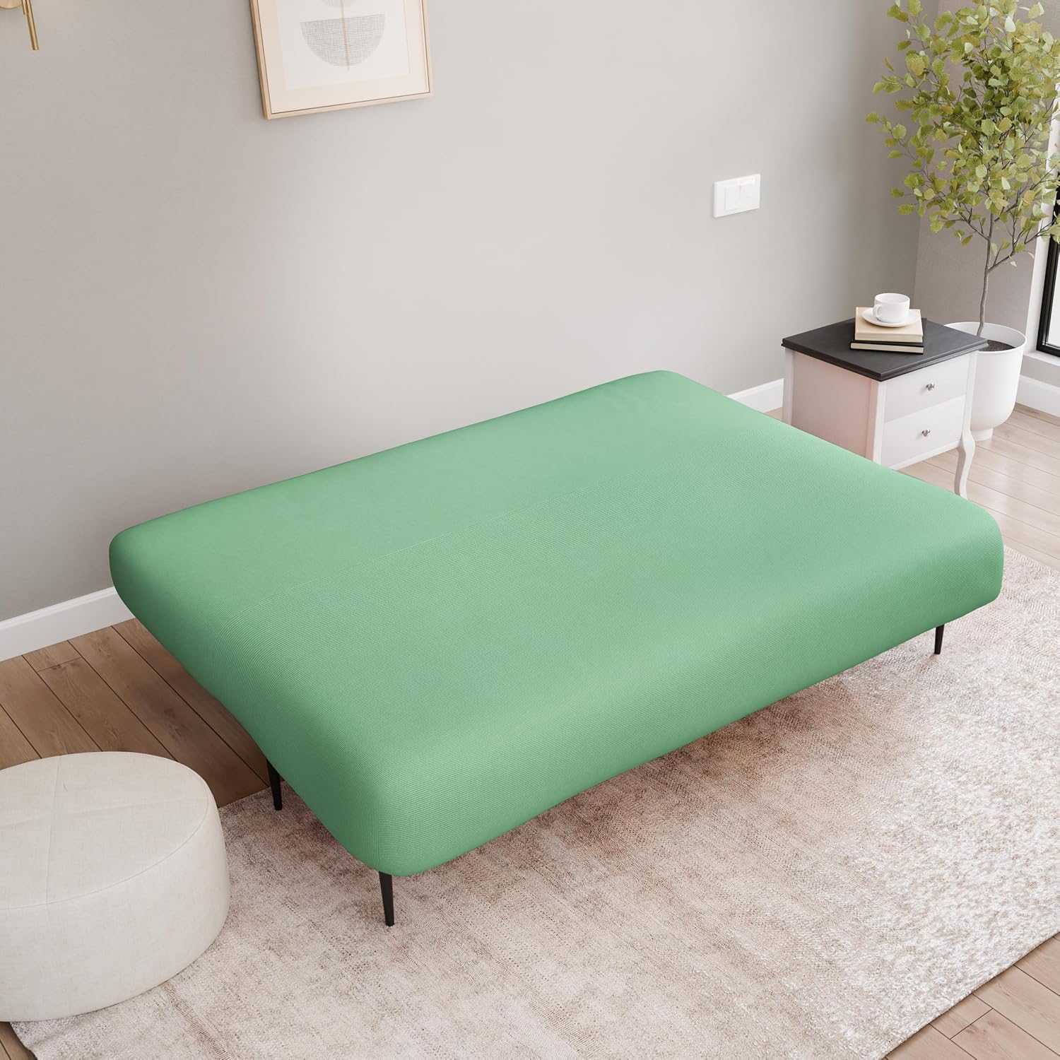 LANE LINEN Armless Futon Cover - Easy Stretchable Futon Covers Full Size, Soft Elastic Textured Fabric Sofa Bed Cover, Sofa Protector Cover for Kids, Machine Washable Couch Slipcover - Neptune Green