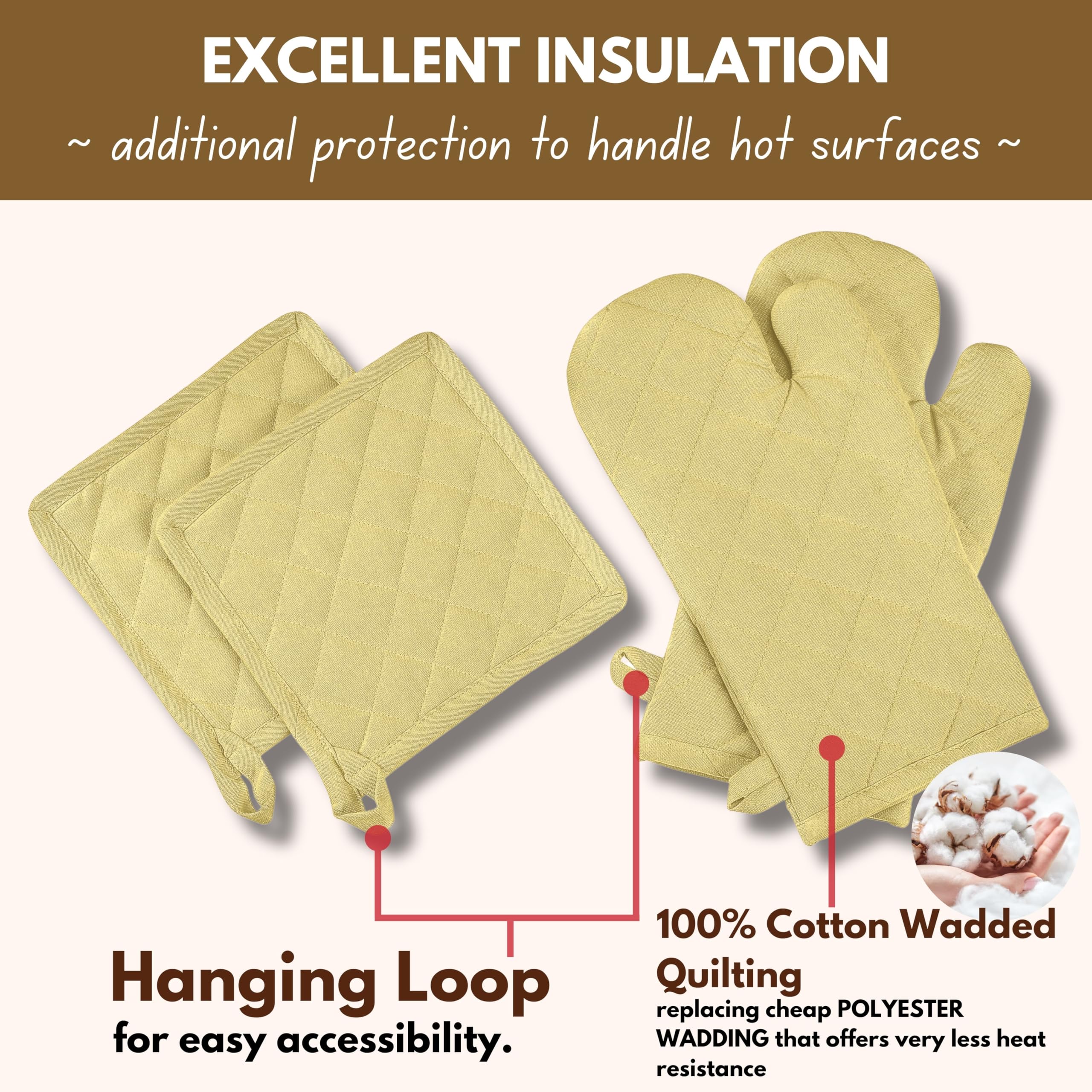 Native Fab Juego de 4 piezas: 2 manoplas de horno y 2 agarraderas, resistentes al calor, 100% algodón, diseño acolchado, agarre antideslizante, lavable a máquina, ideal para hornear, cocinar,