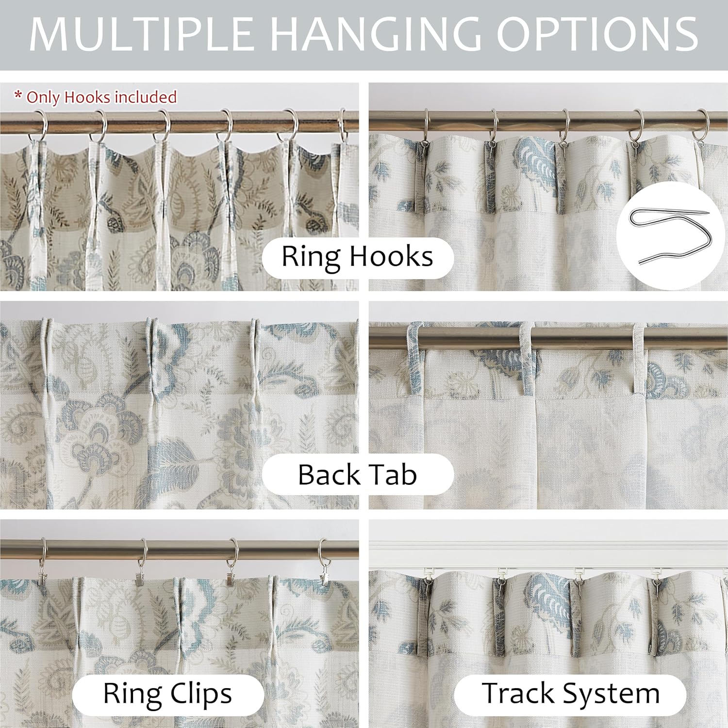Kayne Studio Pinch Pleated Jacobean Floral Light Filtering Window Curtains Boho Botanical Leaf Printed Vintage Farmhouse Blue Grey Back Tab Window Treatment Set Living Room Bedroom,40"x95",2 Panels