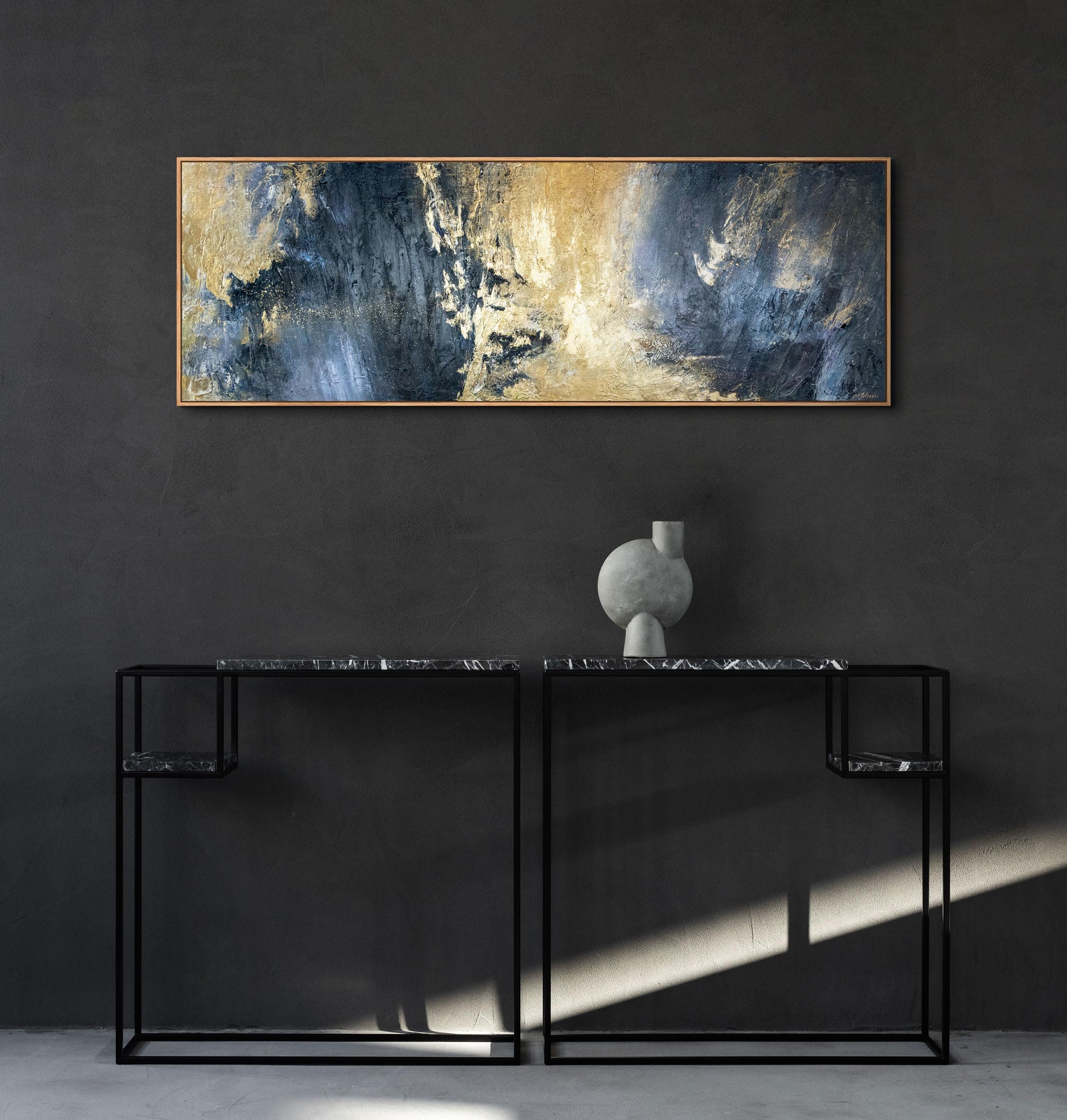 YS-Art Abstrakt Acryl Gemälde auf Leinwand mit Rahmen Spiegelungen handgemalt Wandbilder Wohnzimmer modern Wohndekor Bilder Büro echte Kunst 150x50 cm