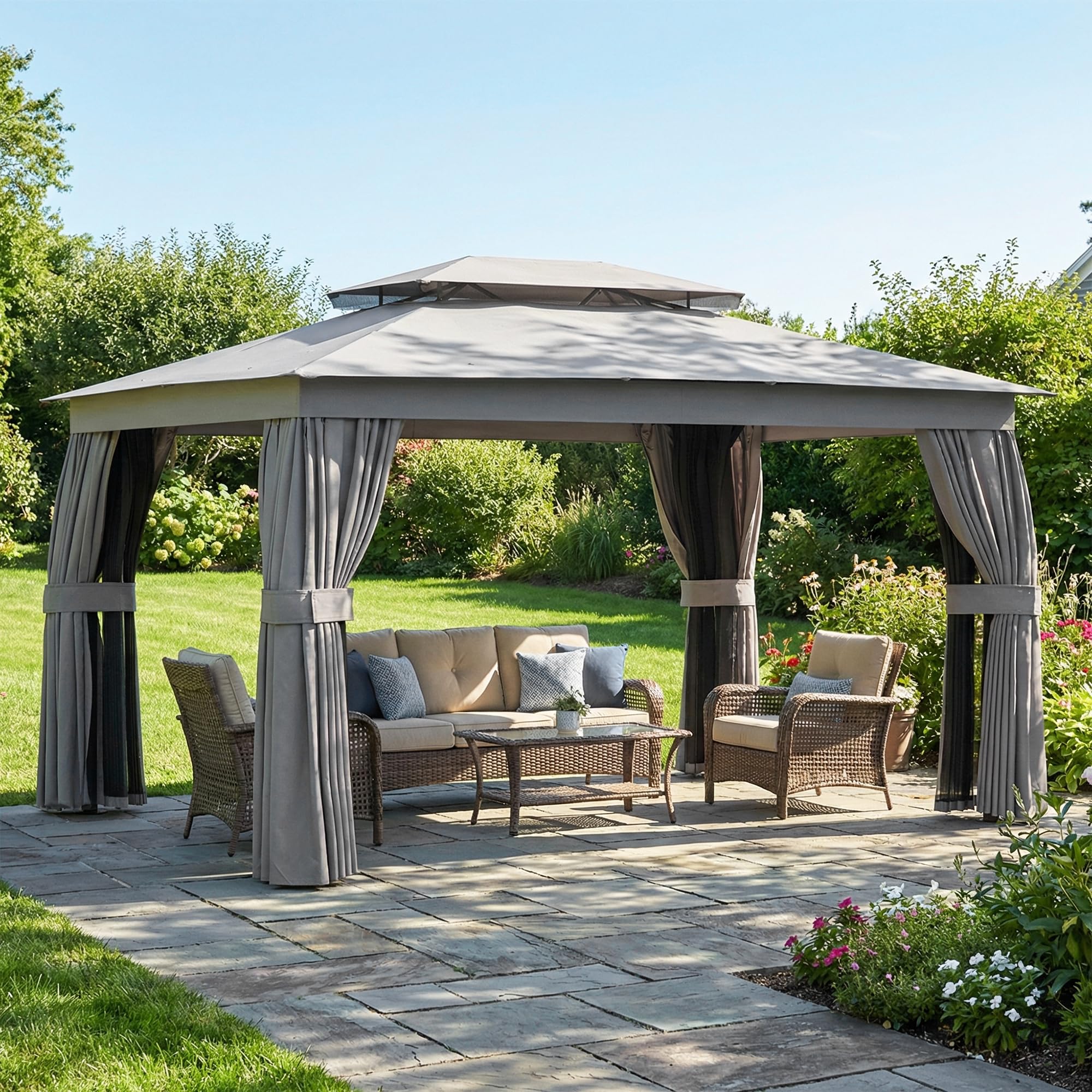 Outsunny Gazebo da Giardino 3.8x3 m con Tende e Zanzariera Grigio Scuro | Ganci, Doppio Tetto con Fori di Drenaggio, Struttura Metallica, per Feste Terrazzo Patio Giardino, UV30+