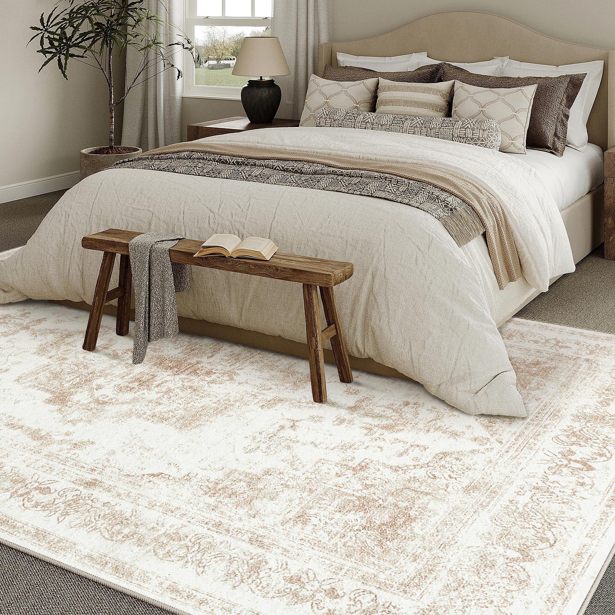 HUGEAR Vintage Tappeto Salotto Crema Tappeti 240x300cm Soggiorno Antiscivolo Lavabile in Lavatrice Tapette Camera da Letto Sala Ufficio Bambina Bambino Pelo Corto Grande Carpet