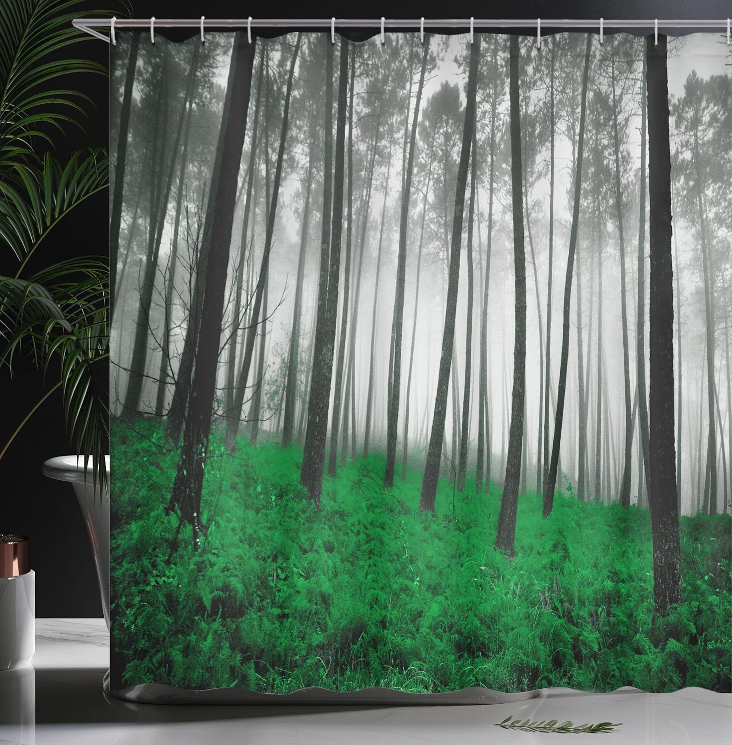 Ambesonne Forest Shower Curtain, Mystical Fantasy Woodland Under Heavy Fog Tall Trees Bushes Contrast Colors, Cloth Fabric Bathroom Decor Set with Hooks, 69" W x 84" L, Emerald Black
