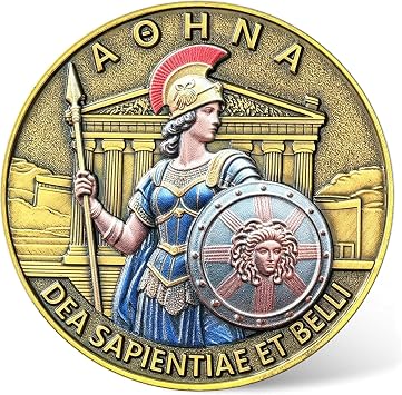 Athena Goddess of Wisdom Challenge Coin with Case - High Relief Zinc Alloy Greek Mythology Collectible, Enamel Artwork Gift for Philosophy & History Enthusiasts 1.57"