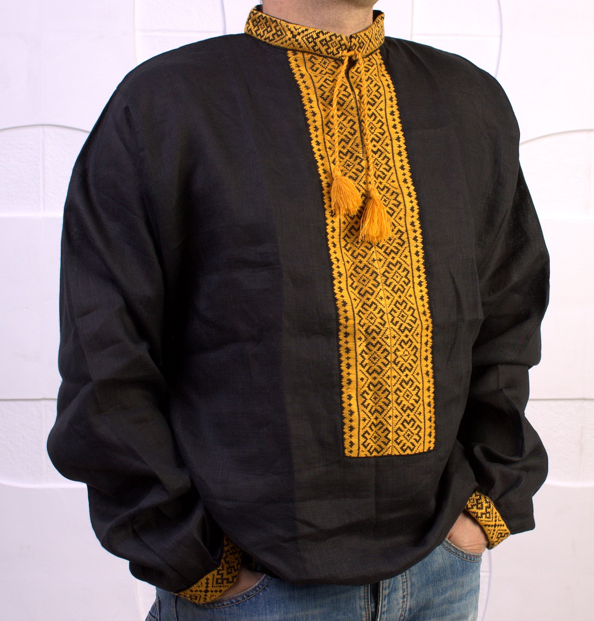 New Handmade embroidered black yellow mens linen shirt Ukrainian Vyshyvanka pattern NIZINKA size XL FATHER'S DAYSALE