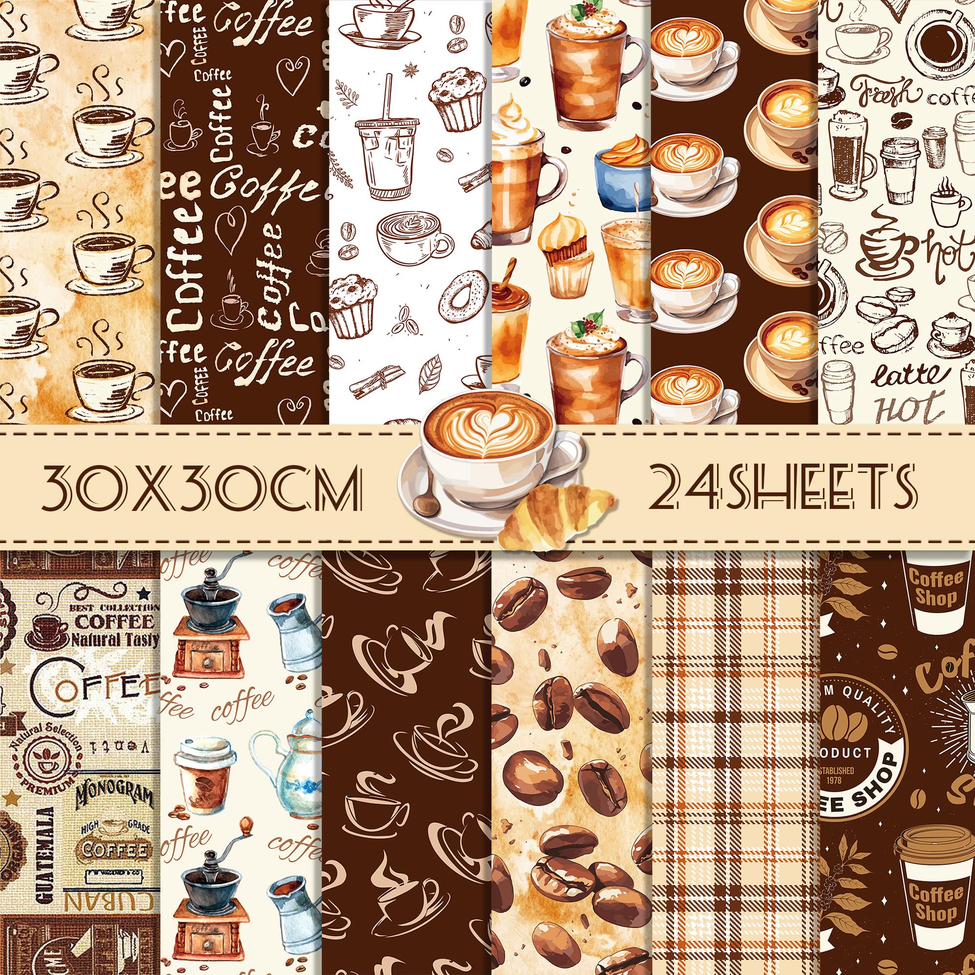 24 Sheets Coffee Pattern Pad 11.8'' x 11.8'' Vintage Coffee Scrapbook Paper Pad Beans Brown Plaids Patterned Double-Sided Decorative Craft Vintage Cardstock Paper Pack for DIY Card Making Origami