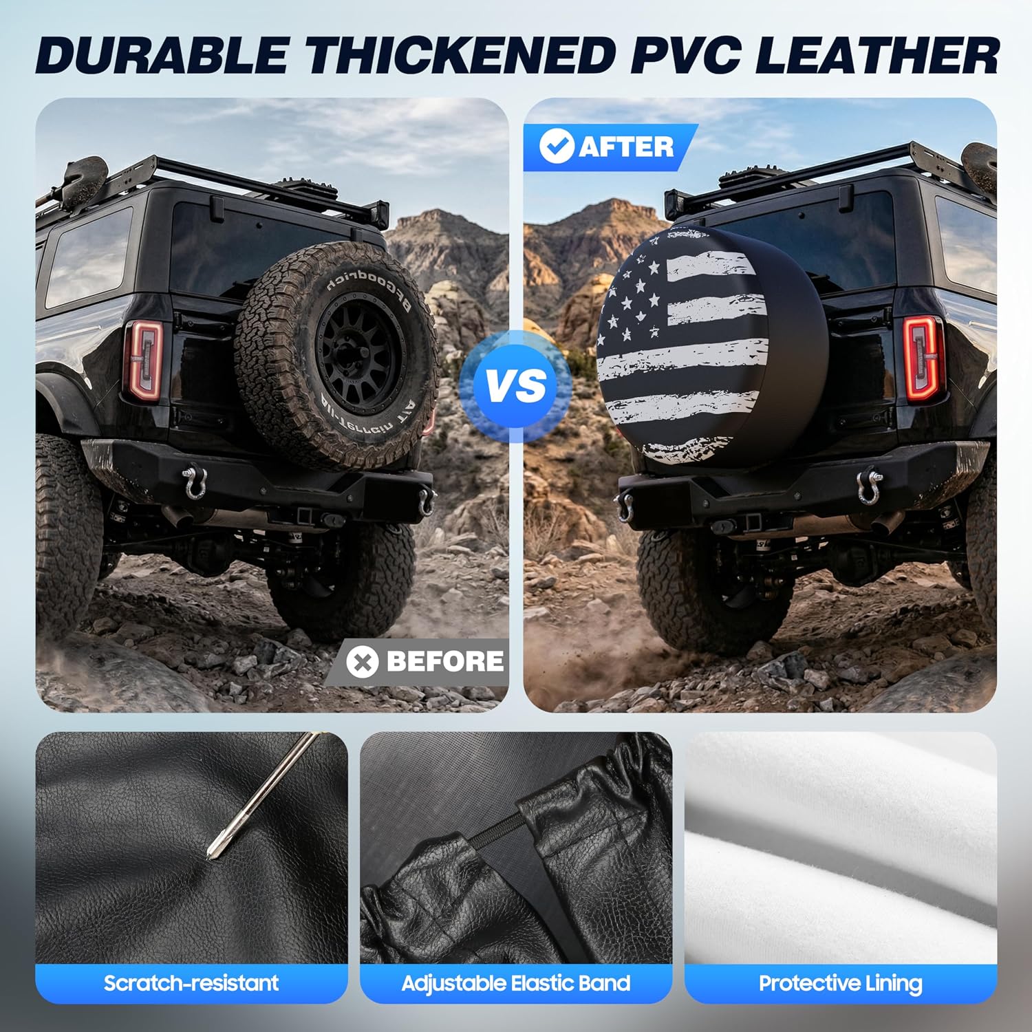 Moonet Spare Tire Cover for RV Trailer,Waterproof Leather Wheel Cover with American Flag Fit for Truck,Trailer,RV,SUV,Camper and Most Vehicle 14" Black-White (for Tire Diameter 24-26inch)