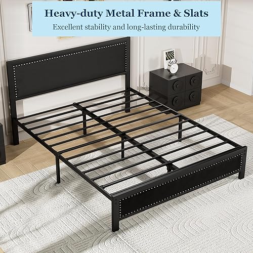 Miniatura 5 de VECELO Base de cama tamaño matrimonial con cabecera tapizada, plataforma resistente con listones de metal fuertes, no necesita somier, fácil Lino y