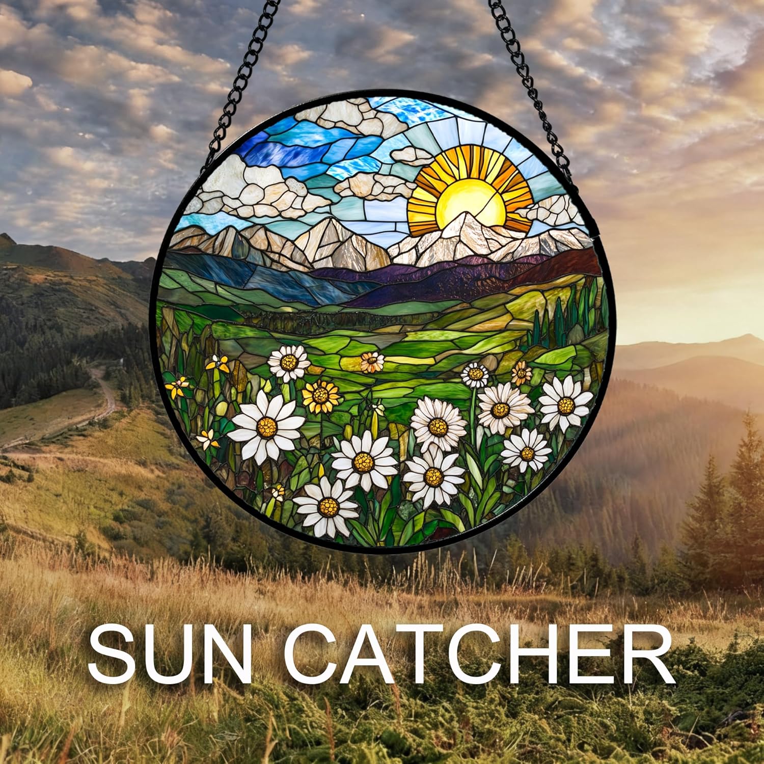 Stained Glass Window Hanging White Daisy Sunset View Large 11.8" - Nature Suncatcher Door Garden Flower Sun Catcher Home Decor Birthday Christmas for Mom Woman Wife Friend