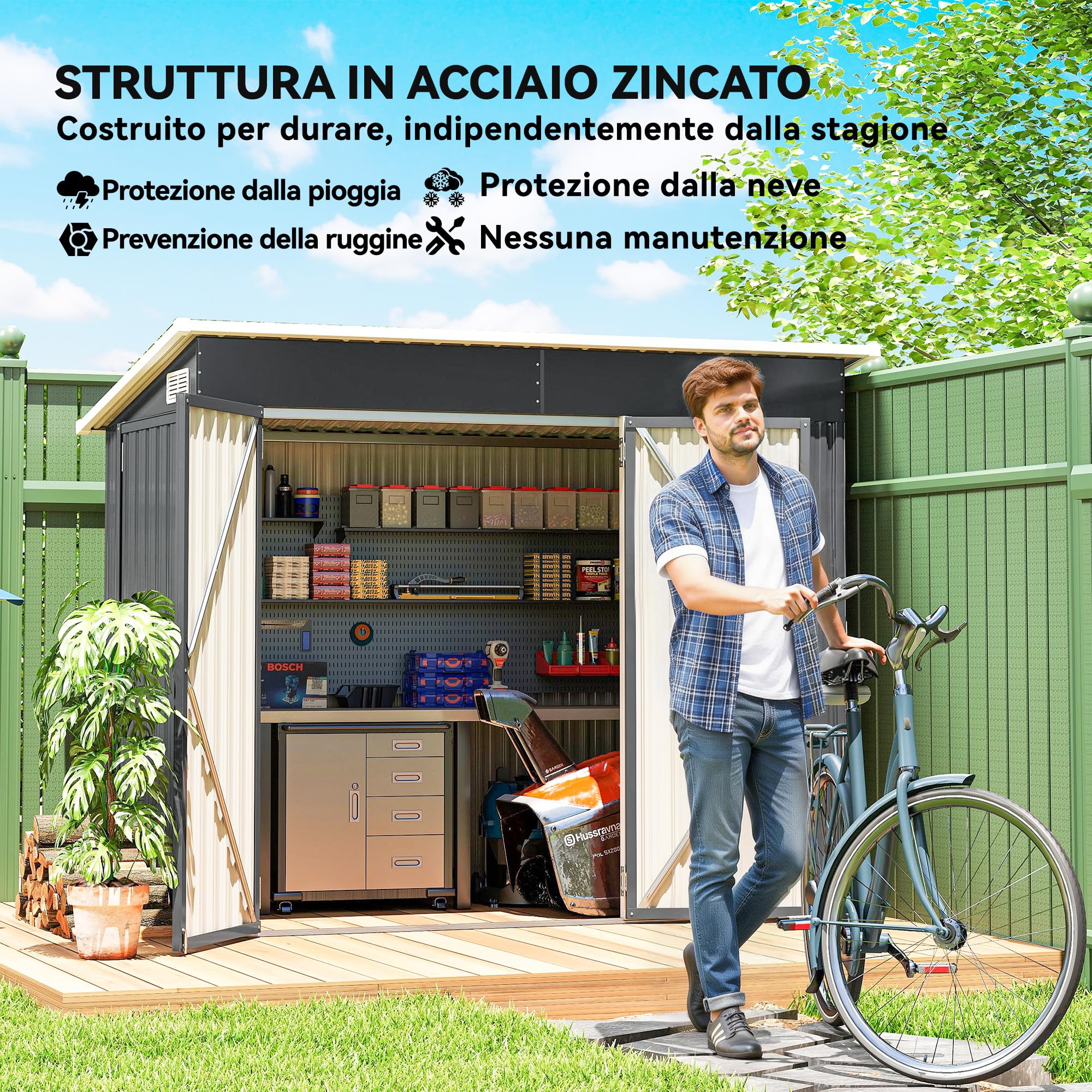 Outsunny Casetta da Giardino 2.68m² 3 Porte 234x132x185 cm Grigio Scuro