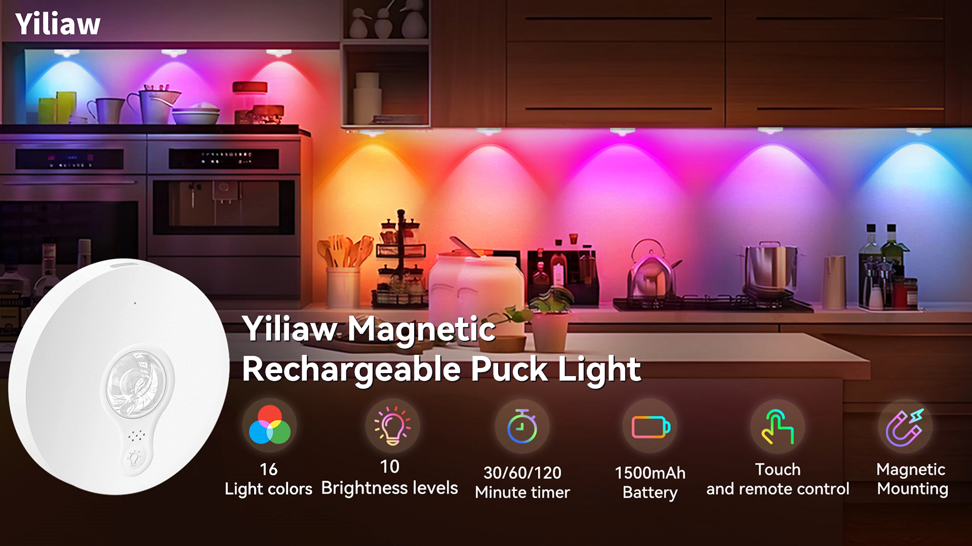 Image of Rechargeable Puck Lights with Remote, 3 Pack Magnetic Under Cabinet Lighting, 1500mAh Battery Operated LED Tap Lights with Dimmer & Timmer for Kitchen, Closet, Shelf - 3 Color Temps & 12 RGB, Gold