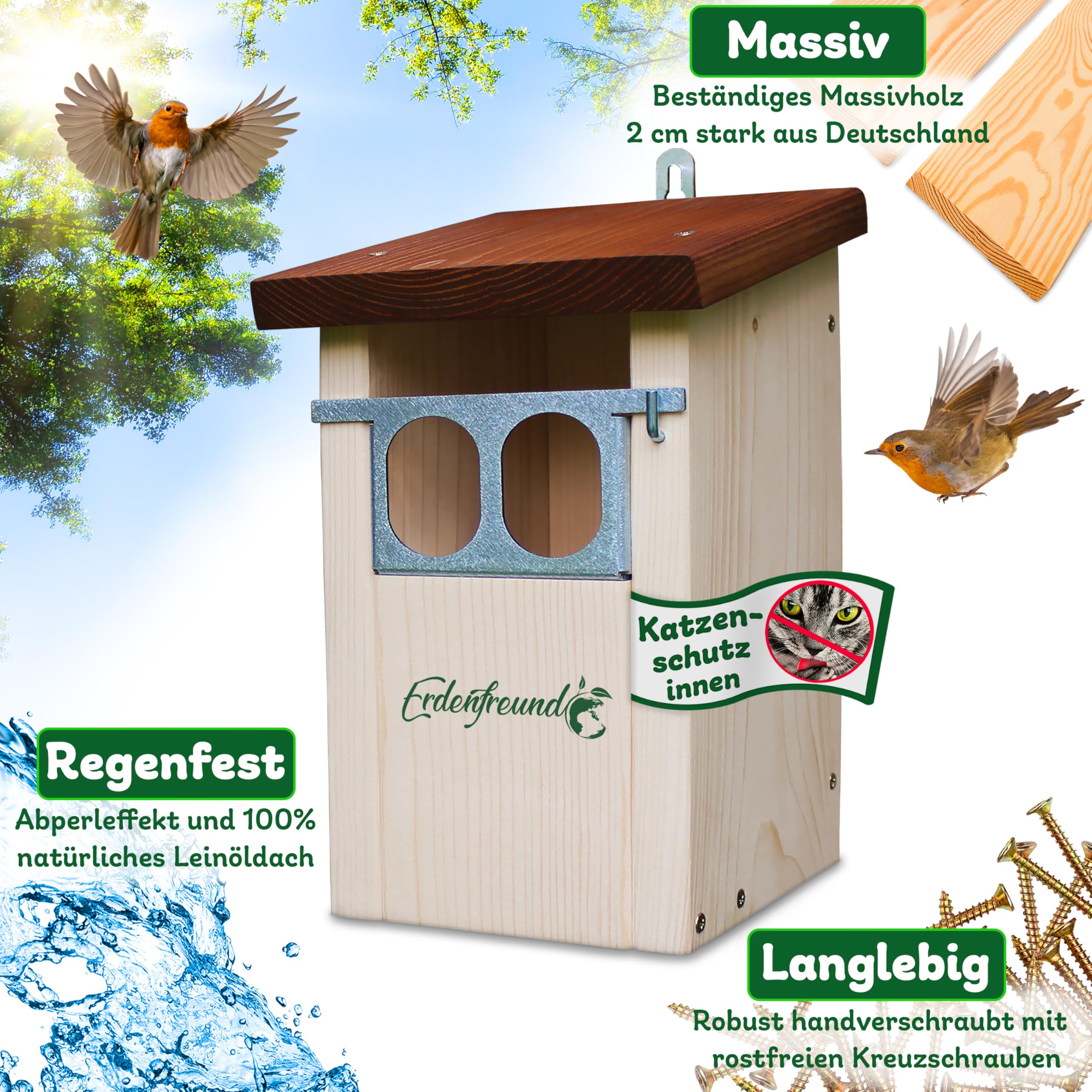 ERDENFREUND® Nistkasten Rotkehlchen mit Marder-/Katzenschutz räubersicher Nistkasten für Vögel Rotschwänzchen Lichtschacht Nischeneinflug Spechtschutz (Nistkasten Nischenbrüter räubersicher)