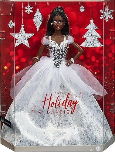 Miniatura 6 de Barbie Signature 2021 - Muñeca navideña (12 pulgadas, cabello trenzado moreno) en vestido plateado, con soporte para muñeca y certificado de
