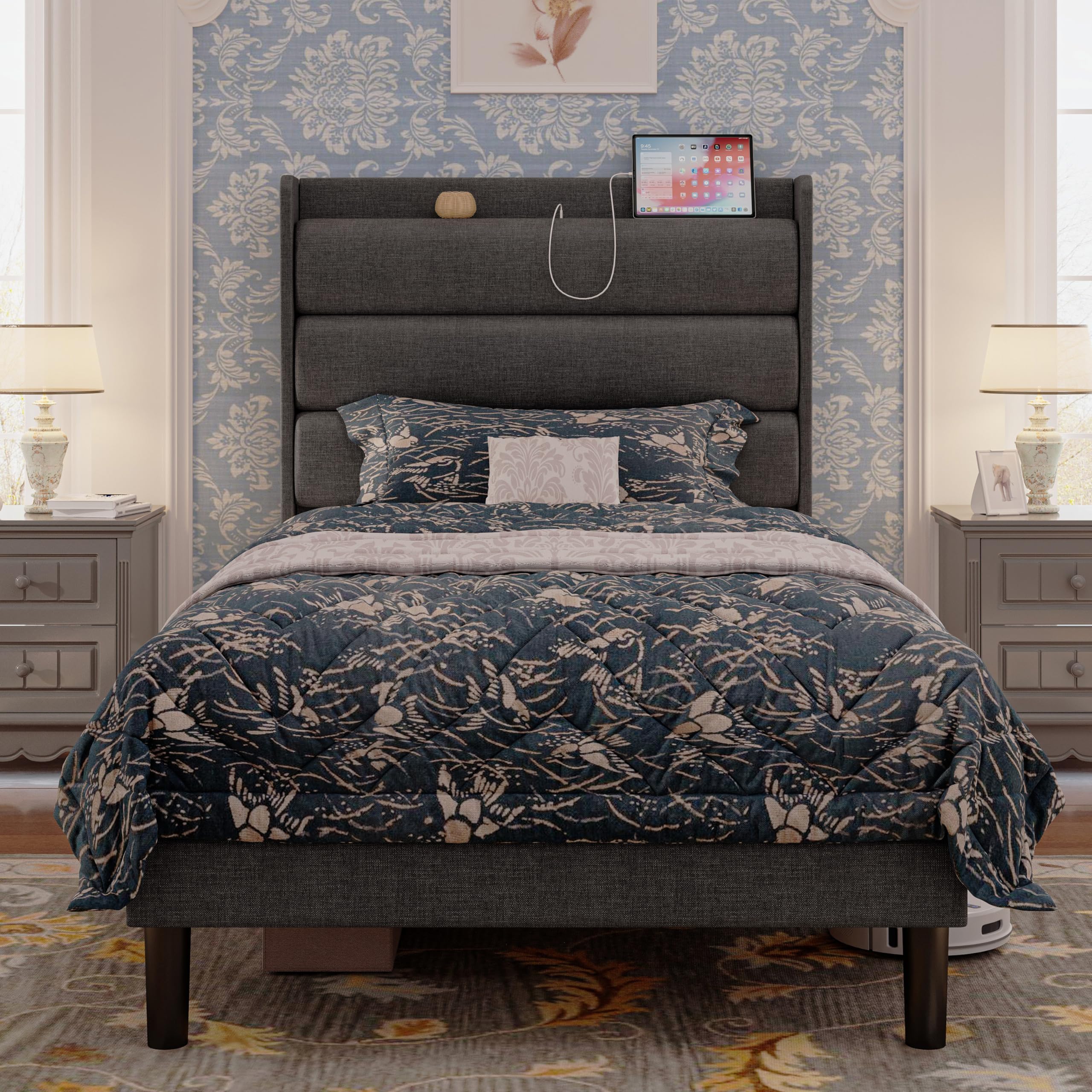 LIKIMIO Twin Bed Frames, Storage Headboard with Outlets, Sturdy and Stable, No Noise, No Box Springs Needed, Dark Gray