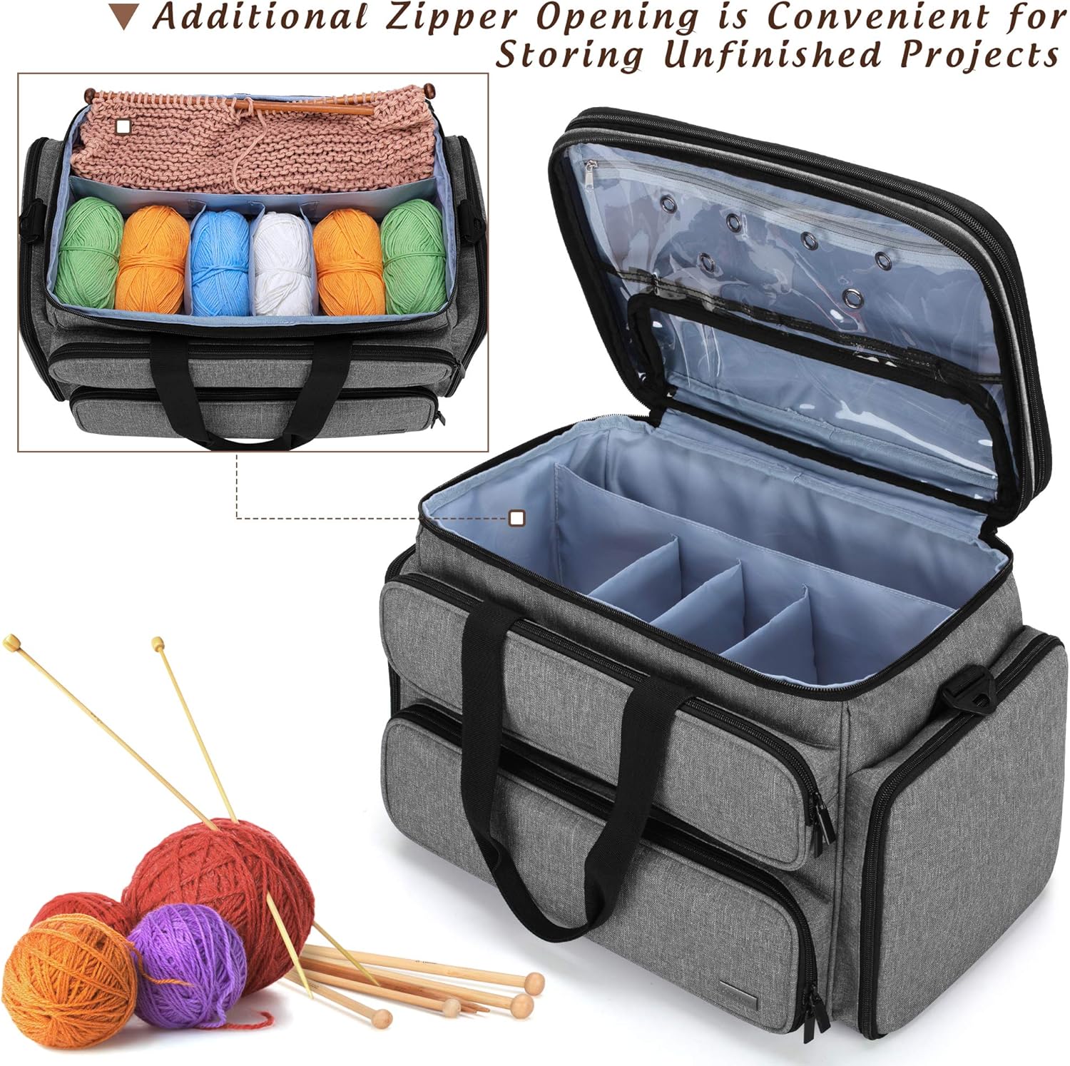 Yarwo Knitting Yarn Bag, Portable Crochet Storage Tote with Double Top Cover and Yarn Holes for Knitting Needles(Up to 14”), Unfinished Projects and Skeins of Yarn, Gray