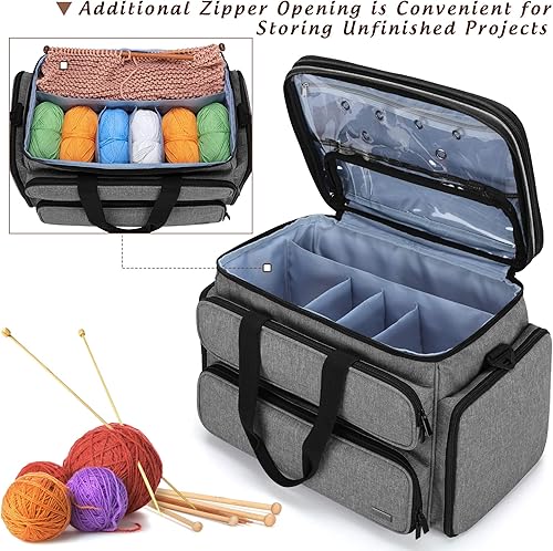 Miniatura 2 de Yarwo Bolsa de hilo para tejer, bolsa de almacenamiento portátil de ganchillo con doble cubierta superior y agujeros de hilo para agujas de tejer