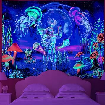 Blacklight Astronaut Jellyfish Tapestry Fantasy Mushroom Tapestry UV Reactive Trippy Space Plants Tapestry Wall Art Psychedelic Galaxy Universe Cool Tapestry Wall Hanging for Bedroom 51.2" x 59.1"