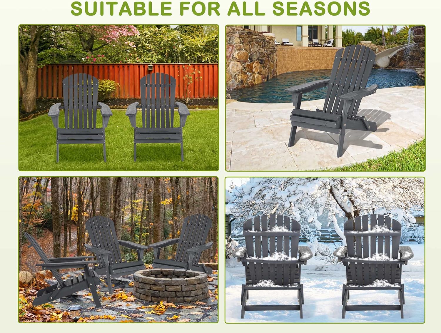 Folding Adirondack Chair Set of 2, Weather Resistant Adirondack Chairs Lawn Chair Outdoor Modern Adirondack Chairs Fire Pit Chairs Outdoor Chairs for Patio Lawn Garden Backyard Pool Deck, Grey