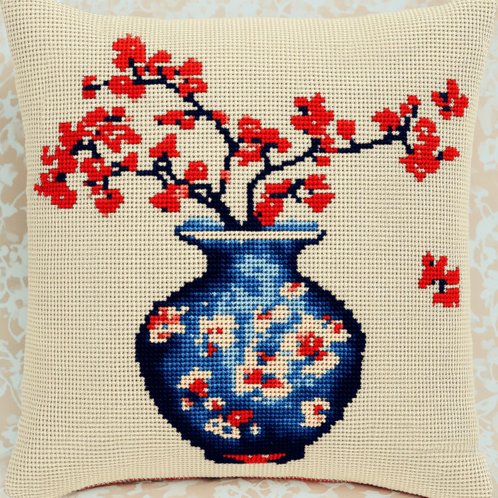 XDEGHUANGSS Latch Hook Cushion Kit for Adults & Beginners,Plum Blossoms in Vase Pre-Printed DIY Latch Hook Pillow Rug Kit 43x43cm Cross Stitch Embroidery Sofa Cushion Cover