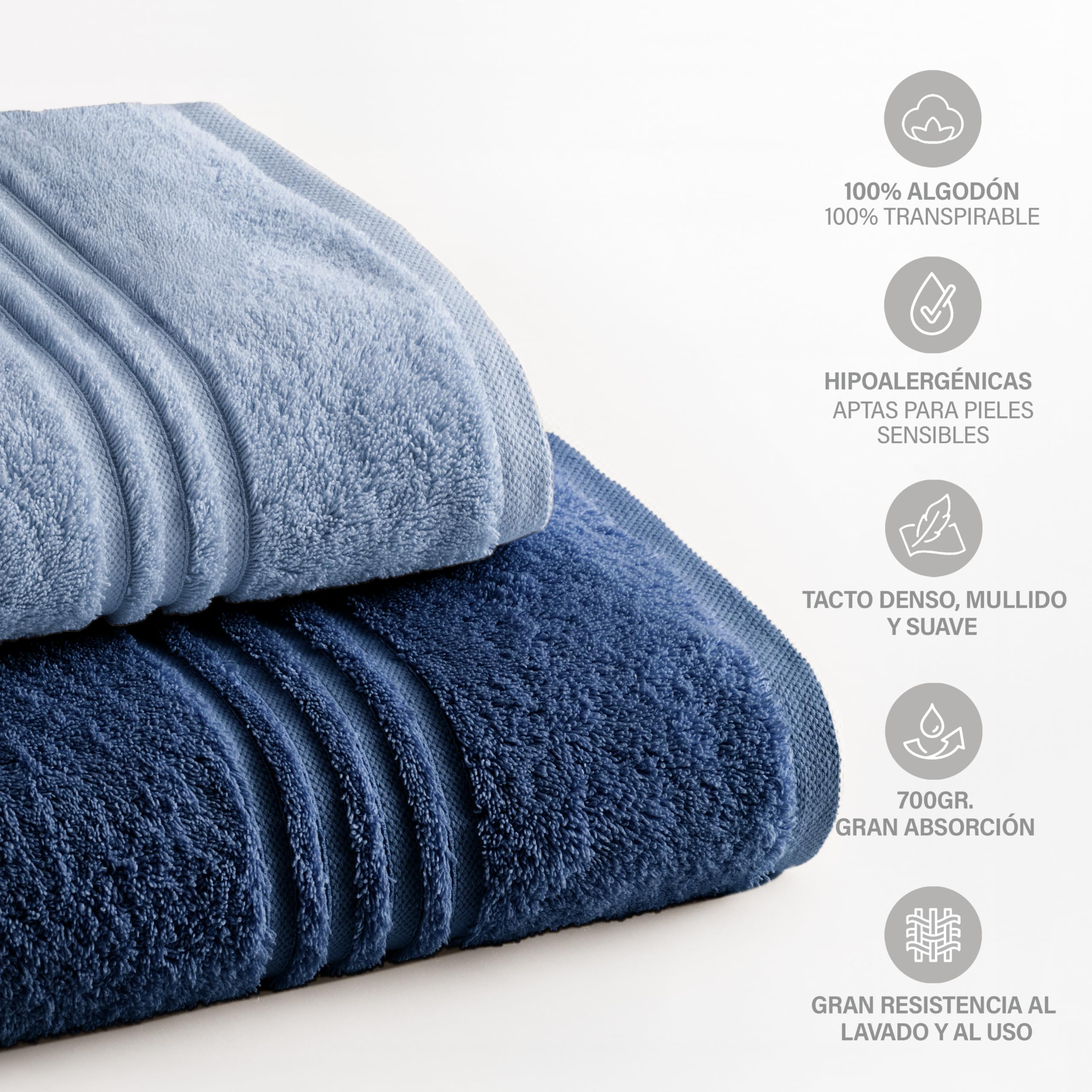 BOHEME | Juego de 2 Toallas Bicolor de Baño Grande Premium 700 g/m² | Celeste y Azul Oscuro | 2 (100x150) | 100% Algodón Suave y Absorbente| Secado Rápido | Lavables a Máquina | Uso Diario