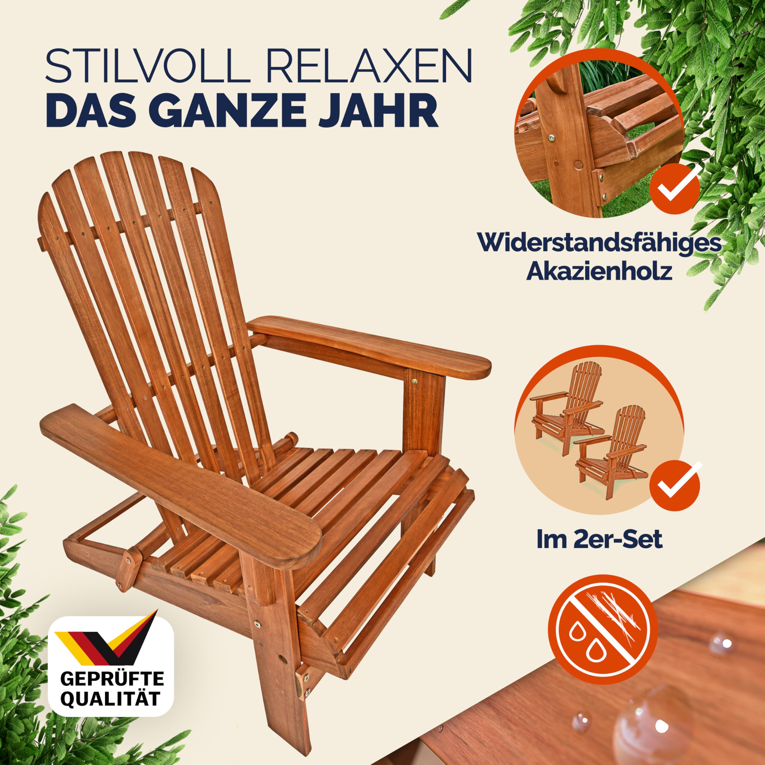 Casaria® 2X Sonnenliege Holz Wetterfest Klappbar 160kg Belastbarkeit XXL Armlehnen Rückenlehne Garten Balkon Terrasse Holzstuhl Ergonomisch Adirondack