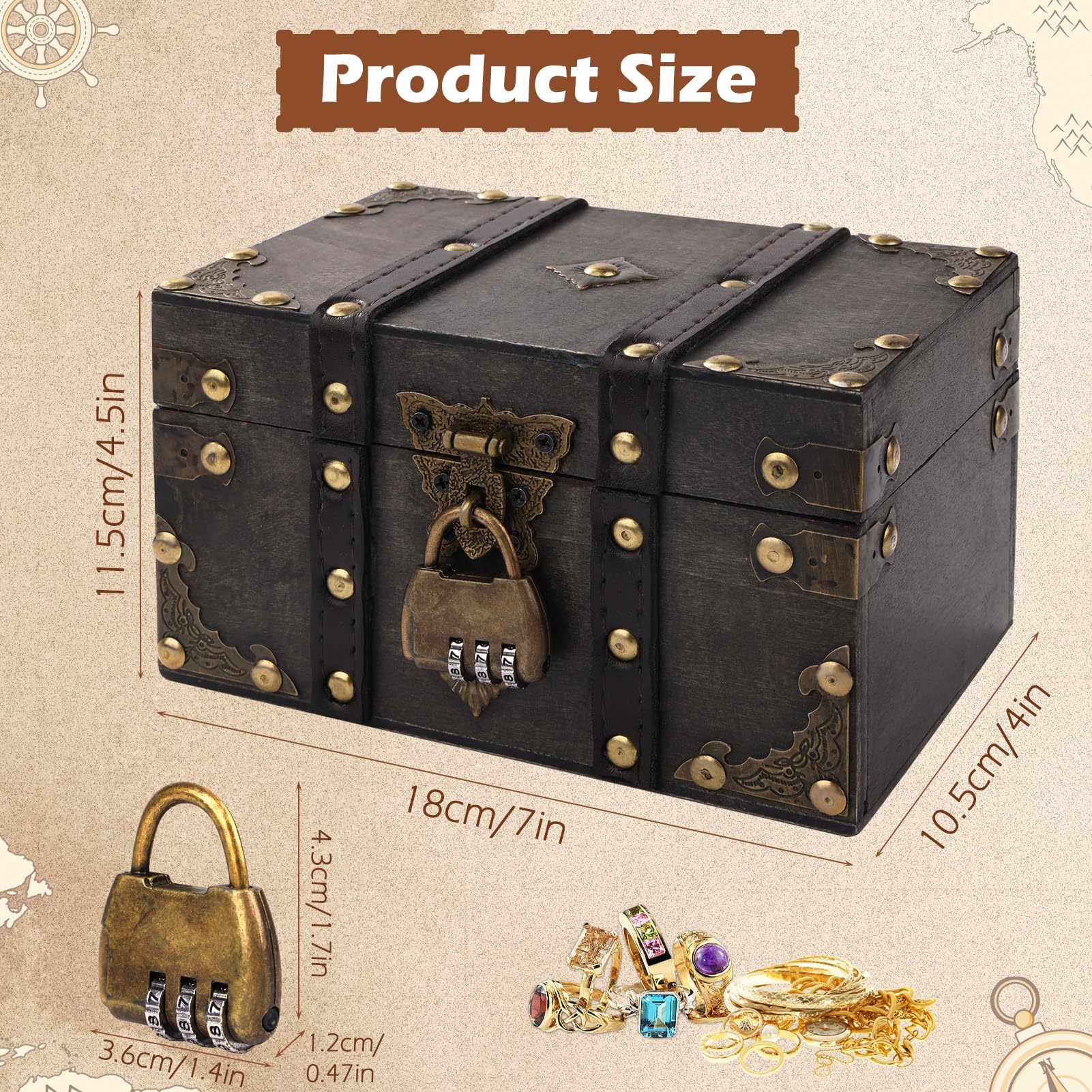 Vintage Holz Schatztruhe, Aufbewahrung Schatzkiste mit Schloss, Holz Schatztruhe kindergeburtstag Schatzkiste kinder mit Deckel Piratenkiste für Aufbewahren und Dekorieren Geschenke(Grau)