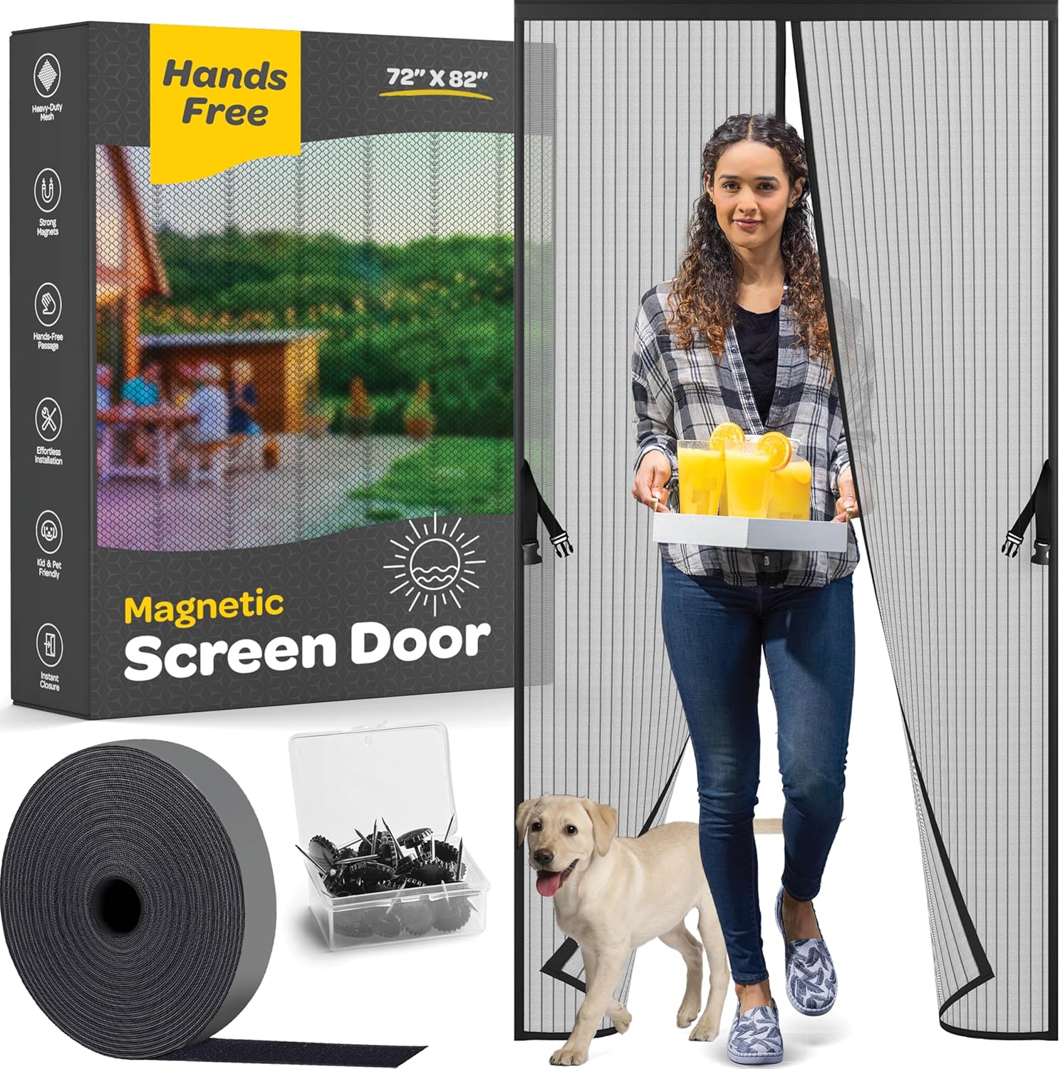 Hands-Free Magnetic Screen Door, Heavy Duty, Self Sealing Screen Door Mesh Protector, Pet and Kid-Friendly, Stay-Open Buckle, Keeps Bugs Out While Letting Nature in, Fits Door Size (72" x 82")