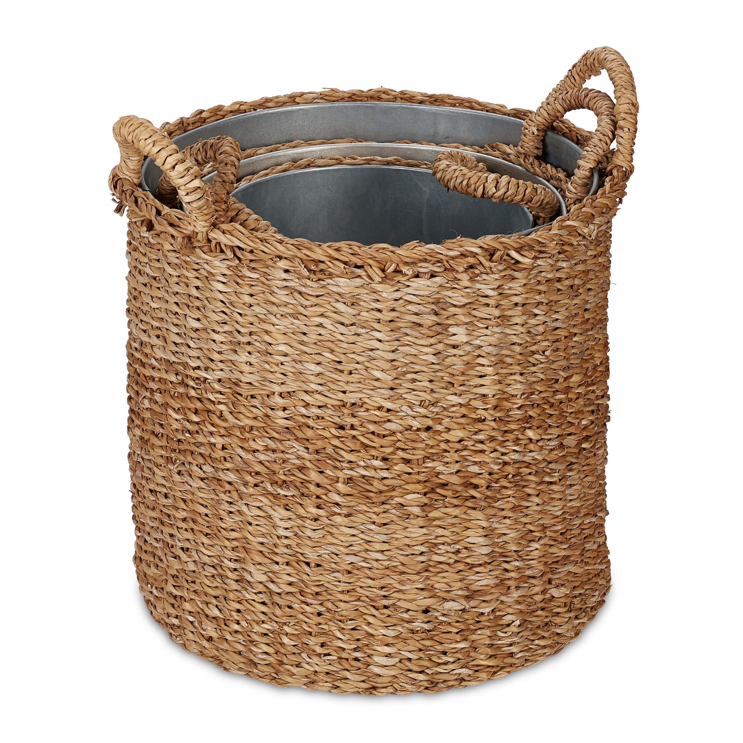 Relaxdays Pot de Fleur Rond, Lot de 3, en zostère, Panier pour Herbes, Plantes et Fleurs, Jardin, Balcon, Nature