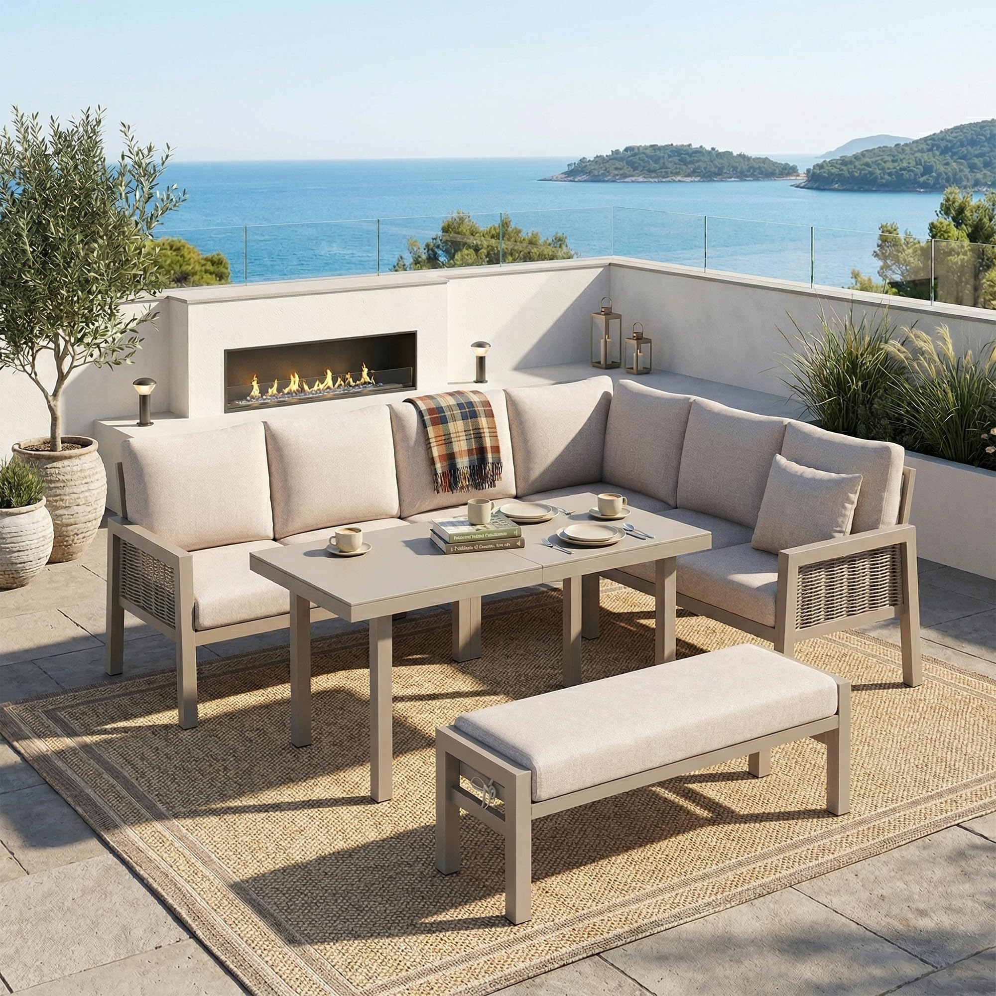 Conjunto de Comedor de jardín para 8 Personas, salón de Esquina y Banco con Mesa, Juego de Muebles de jardín para Exteriores, Trenzado de Polietileno, Acero galvanizado Rosa Claro