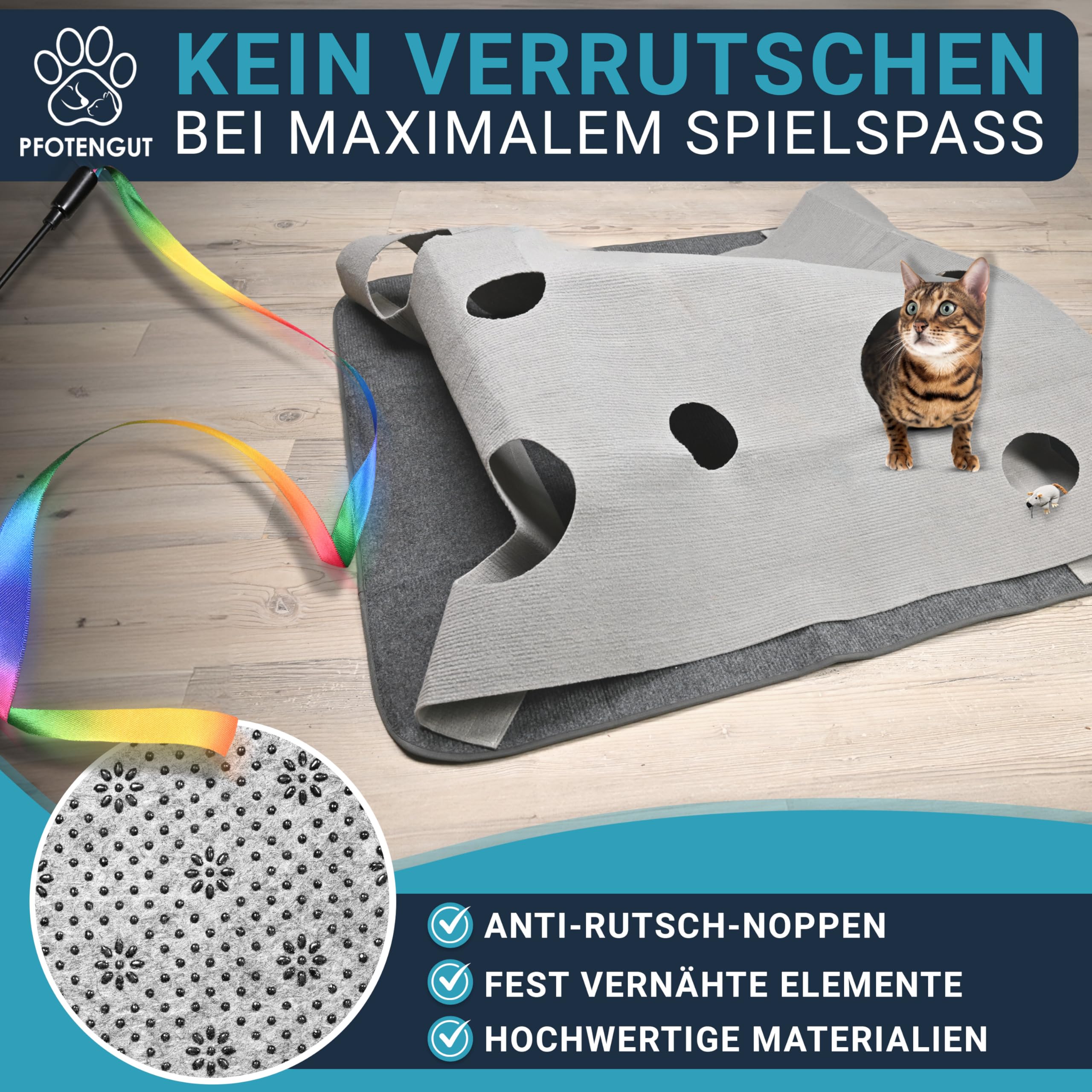 Katzenteppich [100x100 cm] - interaktive Spielmatte aus Filz mit individuellen Formen zur Beschäftigung deiner Katze - inkl. Spielzeug-Zubehör [für alle Katzen geeignet]