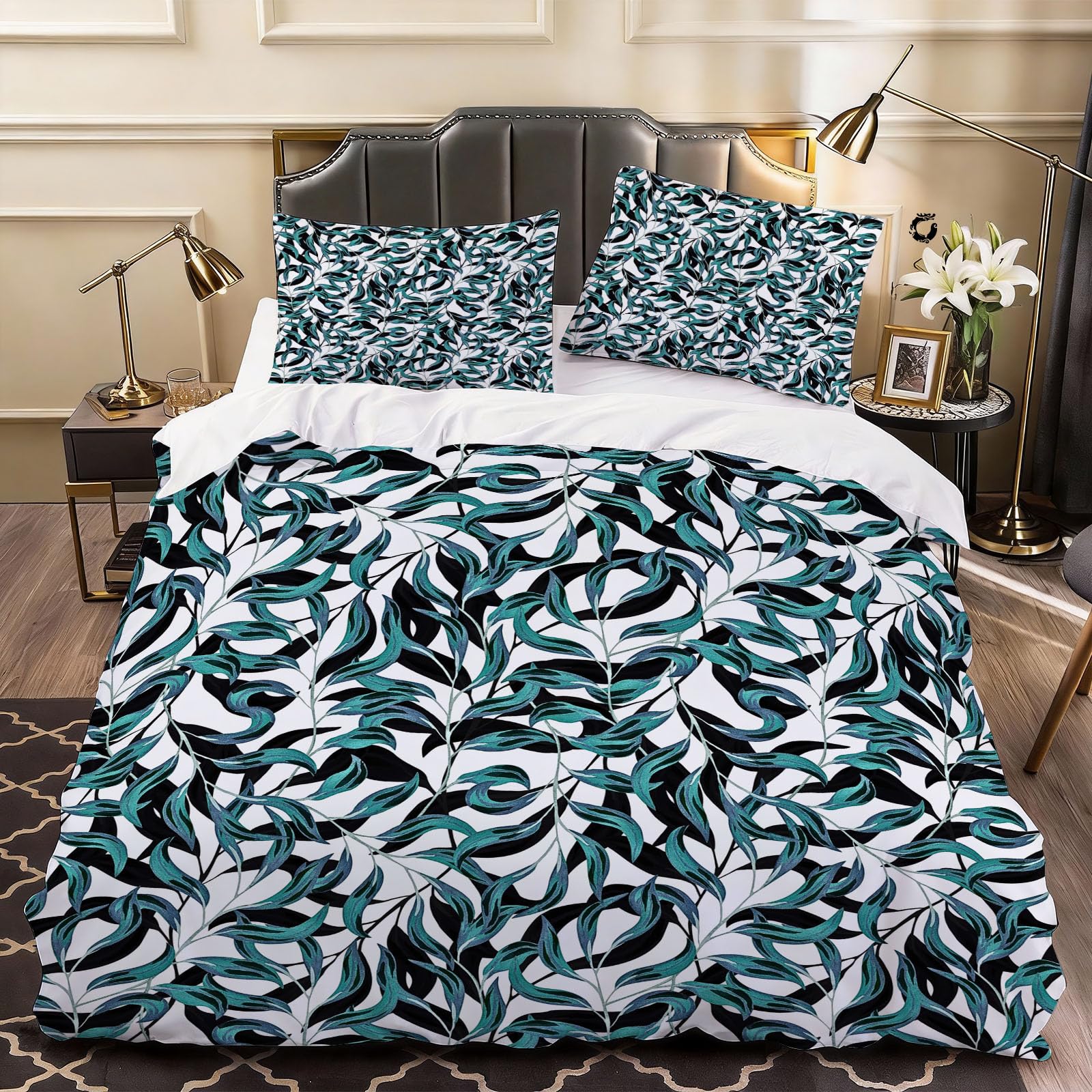 3D Leafs Duvet Cover Simple Bedding Super King Bed Set, Soft Microfiber Comforter Cover Printed with Zipper Closure Quilt Coverr 260x220 cm and 2 Pillowcases