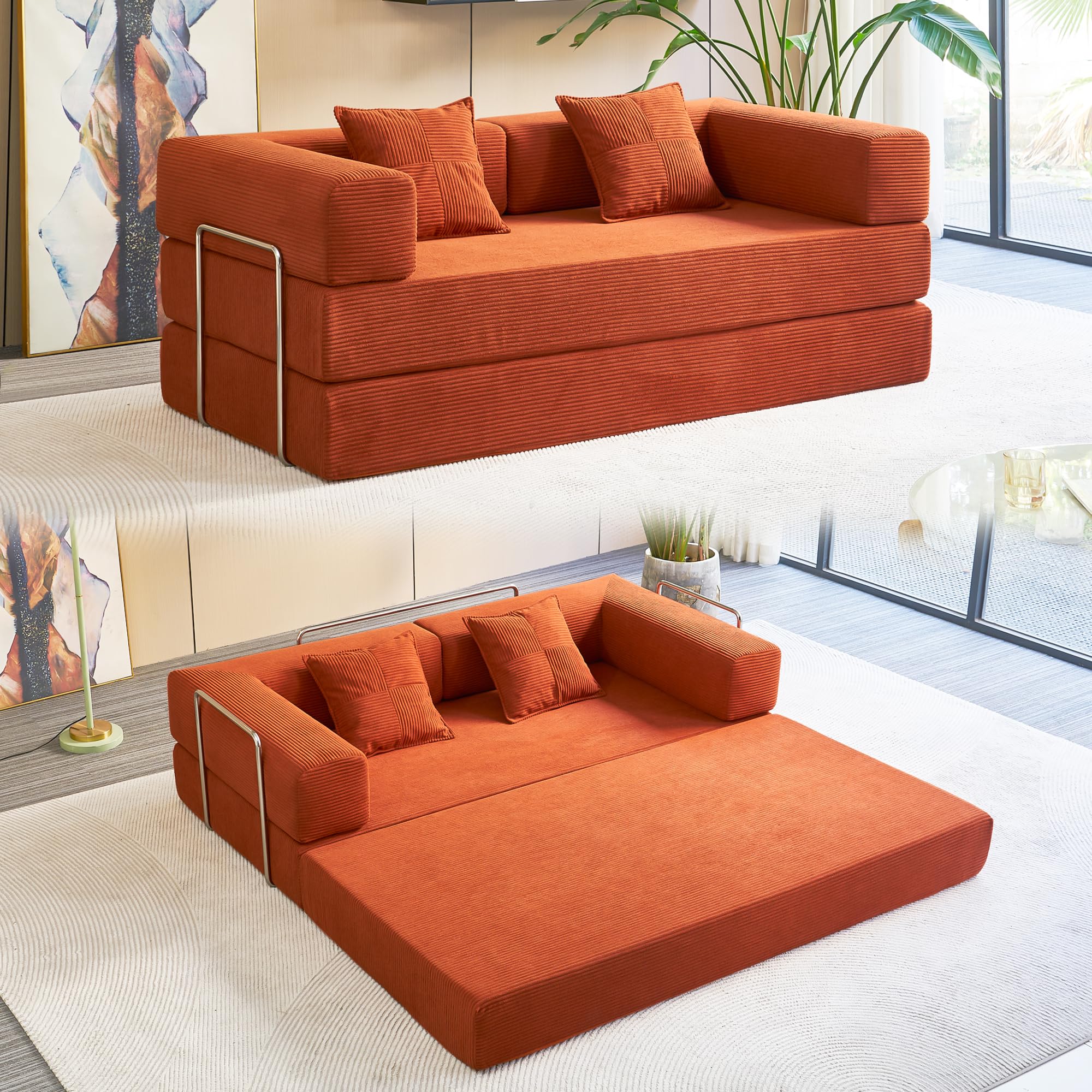YINIX Foldable Sofa Bed, 78'' Folding Floor Couch, Compressed Convertable Sleeper Sofa, Memory Foam Couch with Pillow Back Support Armrest, 4-in-1 Futon Sofa Bed for Living Room, OrangeGlobal Recycled StandardGlobal Recycled StandardGlobal Recycled Standard